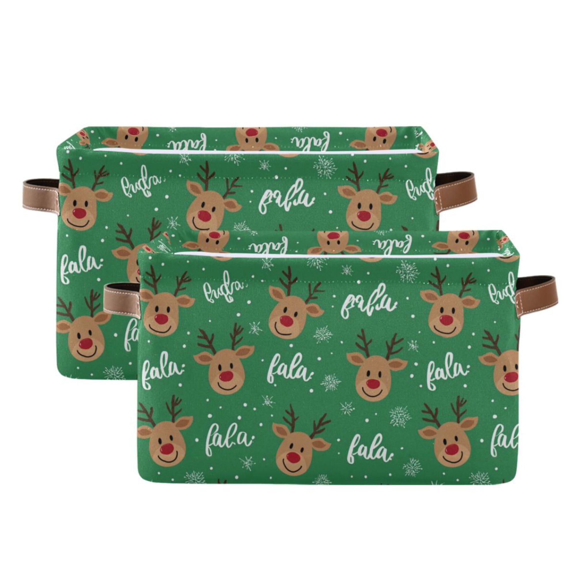 Green Christmas Reindeer Storage Basket with Waterproof Liner and PU Handles Winter Snowflake Xmas Storage Bins Boxes 14.2" Collapsible Decorative Organizer Baskets for Bedroom Closet Office 2 Pack