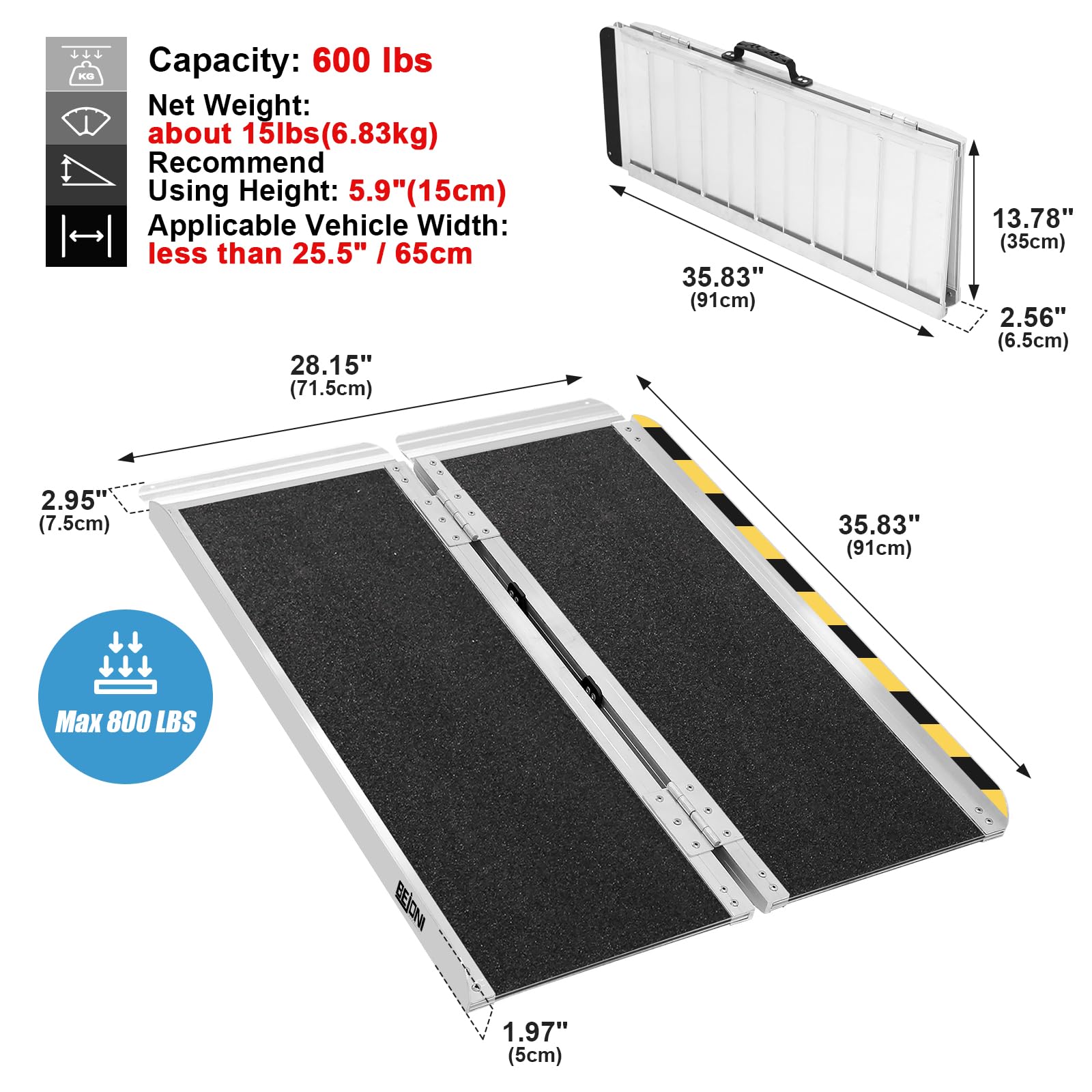 3FT Wheelchair Ramp, 600 Lbs Capacity NonSlip Aluminum Folding Handicap Ramp