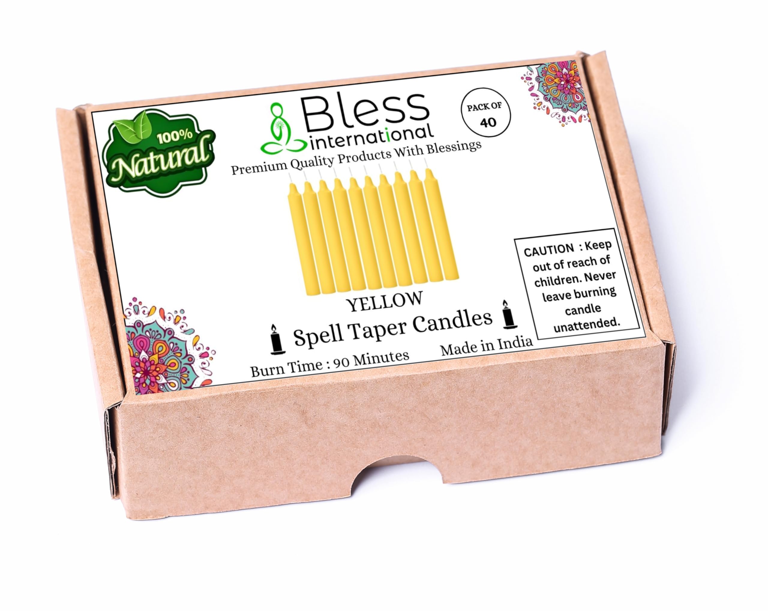 Bless-International-Spell-Taper-Candles 40-Pack-Yellow-Colored-smokeless-dripless-Long-Lasting Plant-Based-Natural-Organic-Palm-Wax Christmas-Home-Decor-Halloween-Church-Wedding-Restaurant