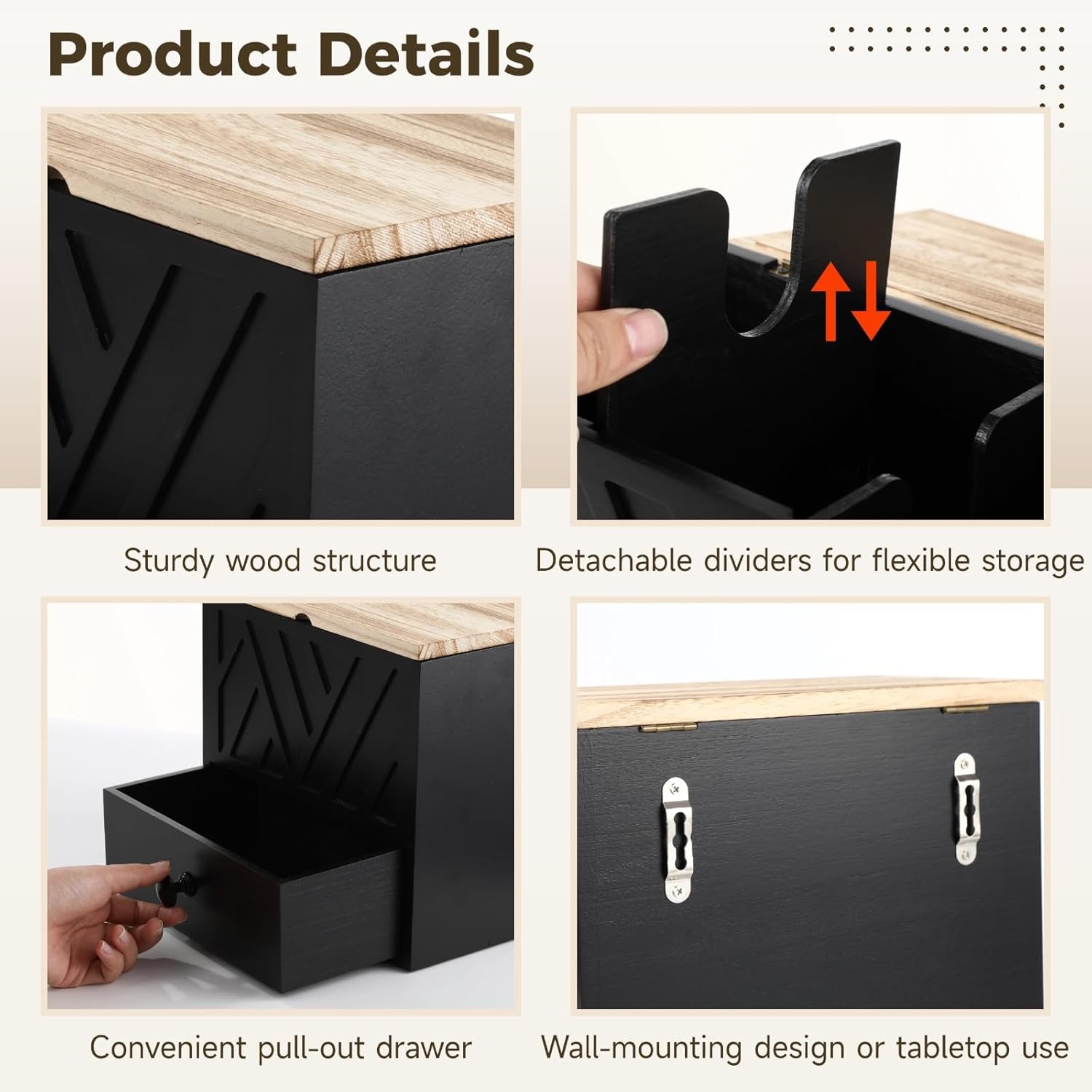 Feminine Product Organizer with Drawer, Wooden Tampon Holder for Bathroom with Flip Lid, Multi Compartment Storage Box for Pads Cotton Swabs Toiletries, 9.4 x 5.7 x 8.9 in