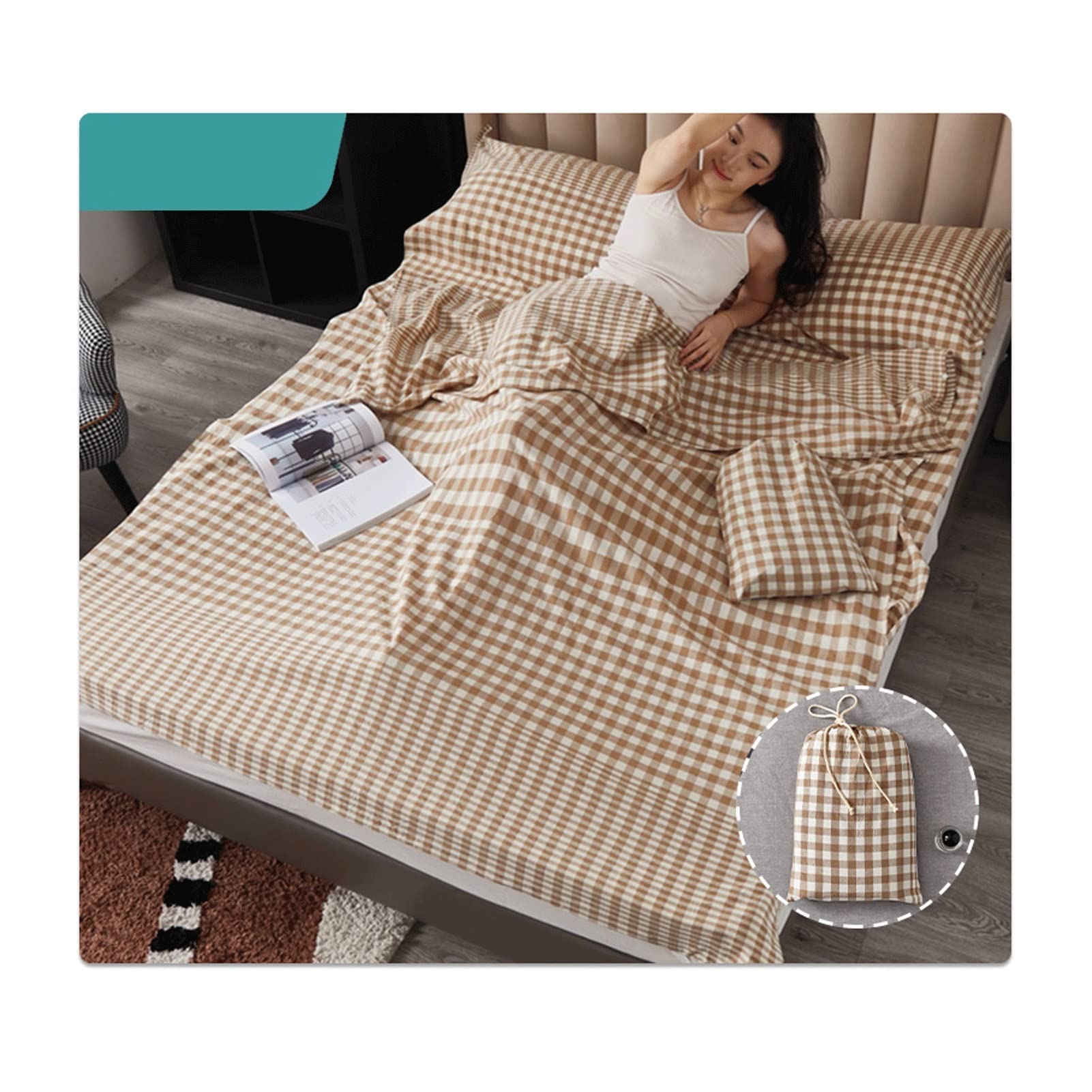 RUZGAR Sacco a Pelo Matrimoniale Sacchi a Pelo Estivi Sacco a Pelo Leggero e Compatto in 100% Cotone Motivo a Righe a Quadri Sacco Nanna for Viaggi in Hotel (Color : Brown, Size : 160x210cm-63x82)