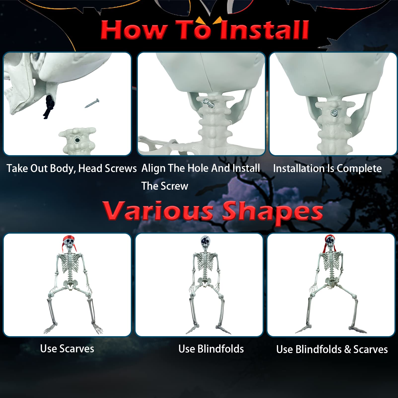 3FT Skeleton Halloween Decoration Props with Blindfolds and Ribbons,Human Full Size Realistic Skull Hand Life Body Poseable Decor with Posable Joints for Indoor & Outdoor