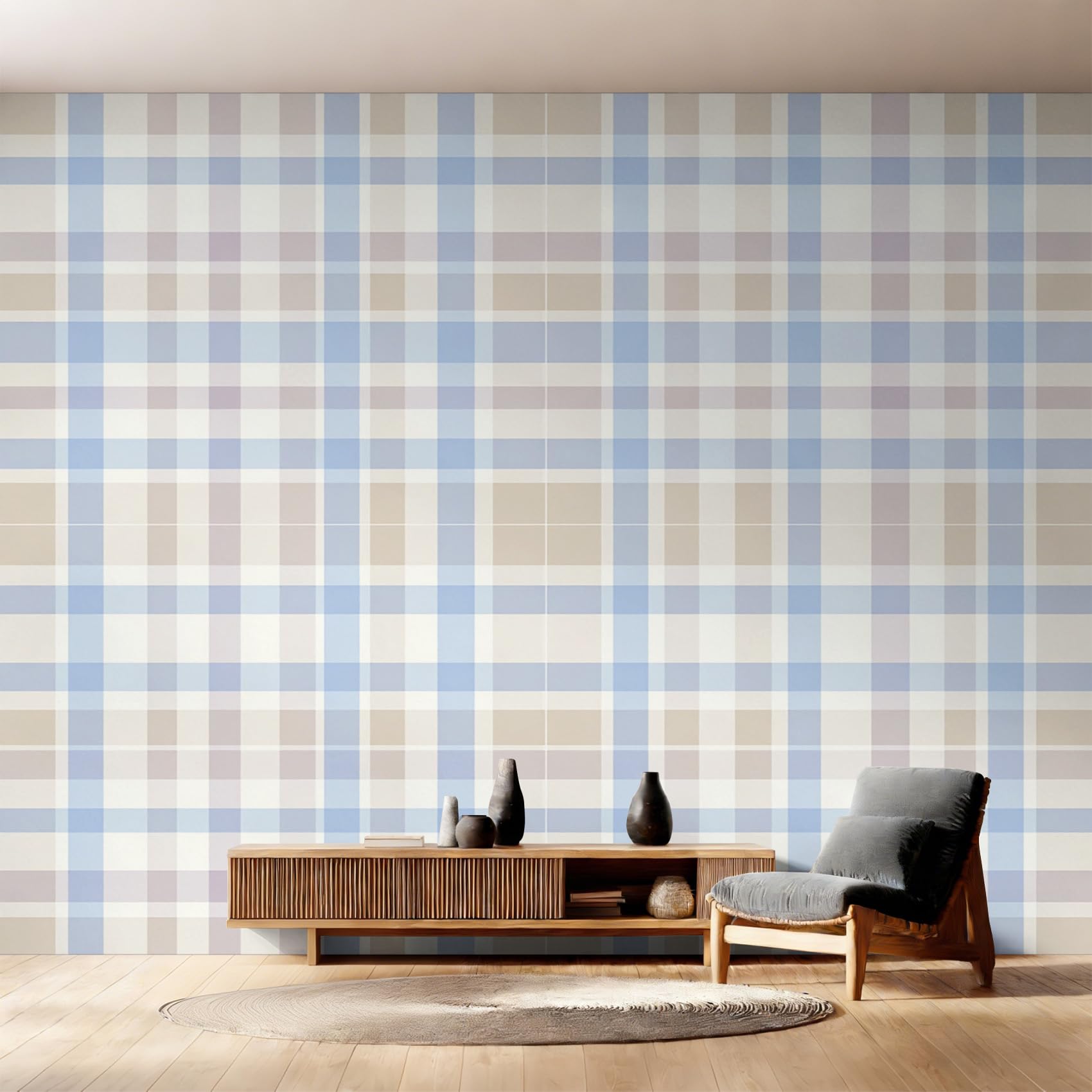Papier peint intissé carreaux champêtre bleu pour une chambre cosy