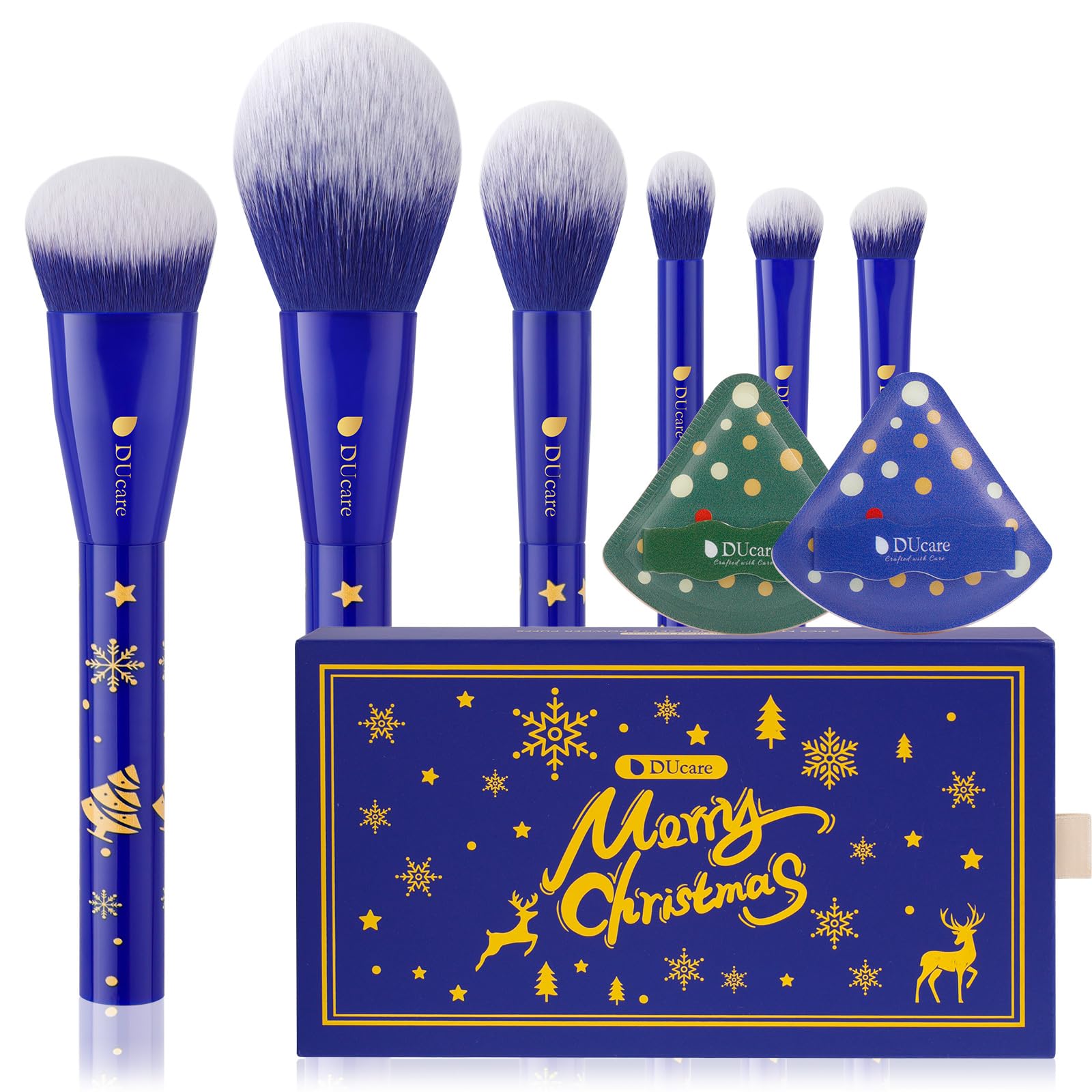 DUcare Makeup Brush Set 6 Piece + Cushion Puff Blue Wood Handle