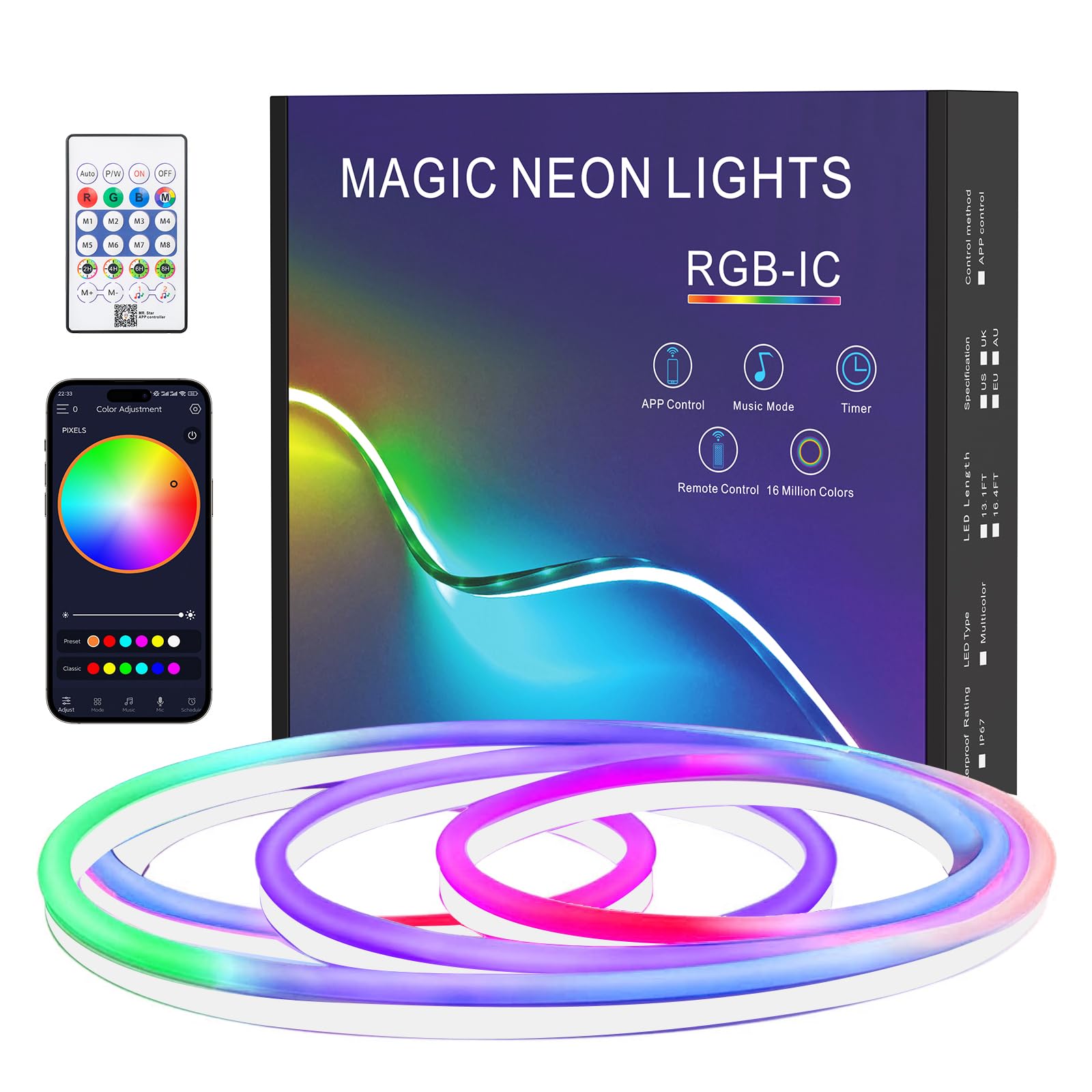 Neonowa taśma LED 1m, wodoodporna silikonowa taśma LED IP67 z pilotem i aplikacją, kształty DIY, synchronizacja muzyki do dekoracji wnętrz i na zewnątrz