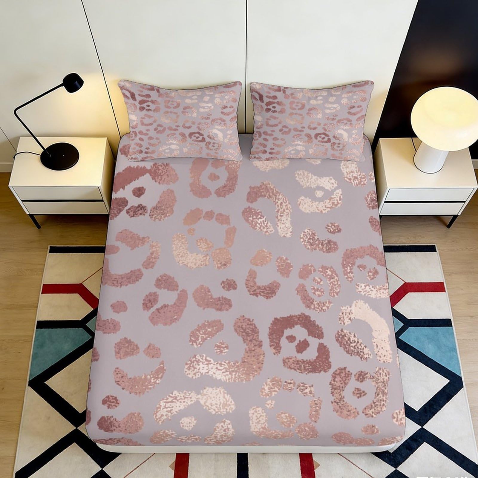 3D Printed Pink Leopard Fitted Sheet Microfiber Soft Non-Slip Animal Spots Bed Cover for Bedroom Dorm Mattress Protection Decor 160x200x25cm
