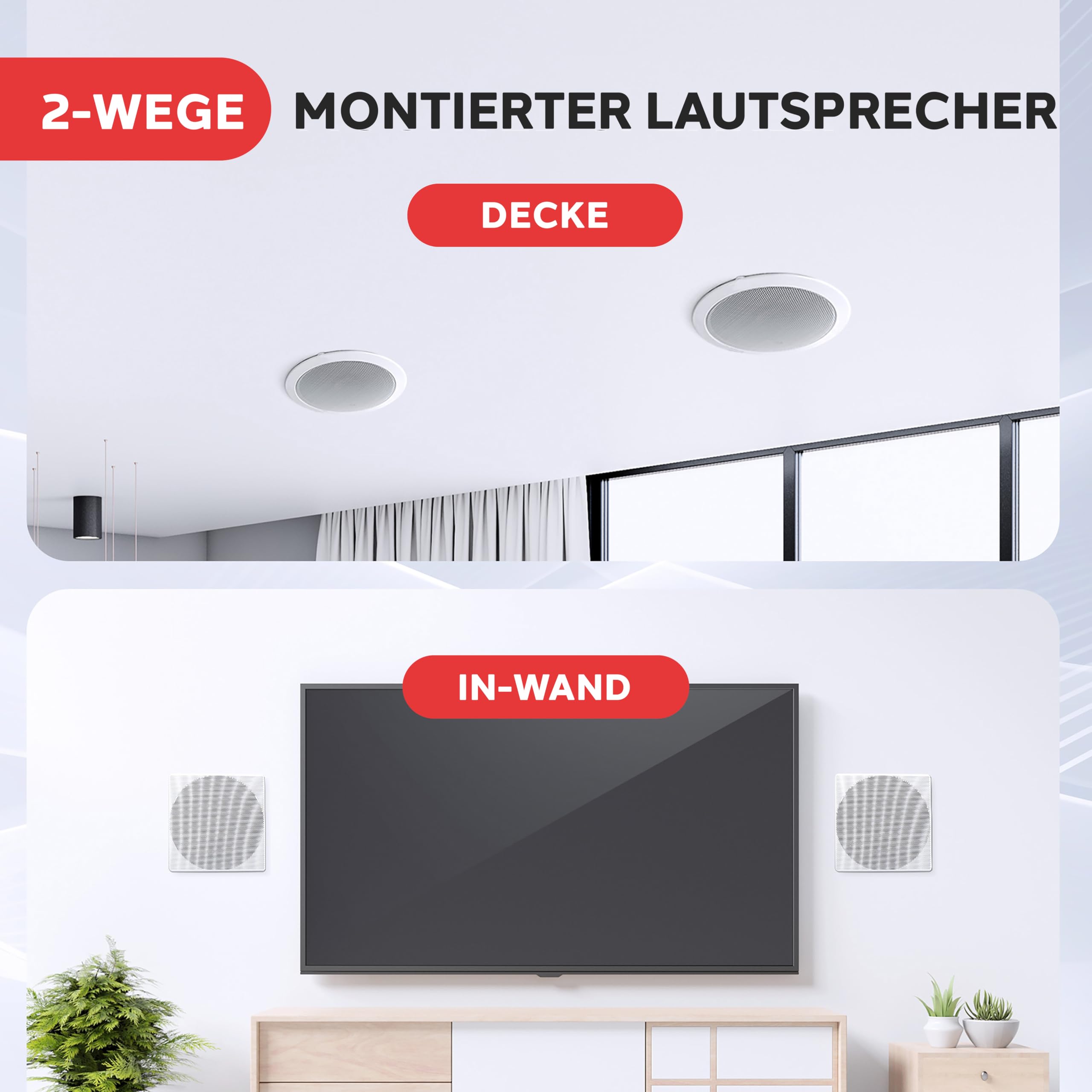 Pyle Deckenlautsprecher / Wandlautsprecher 250 Watt Einbaulautsprecher – Flache 8” (20cm) 2-Wege-Lautsprecher als Stereo Sound System – Einfacher Einbau in Flush Design mit Rundem/Quadratischem Gitter