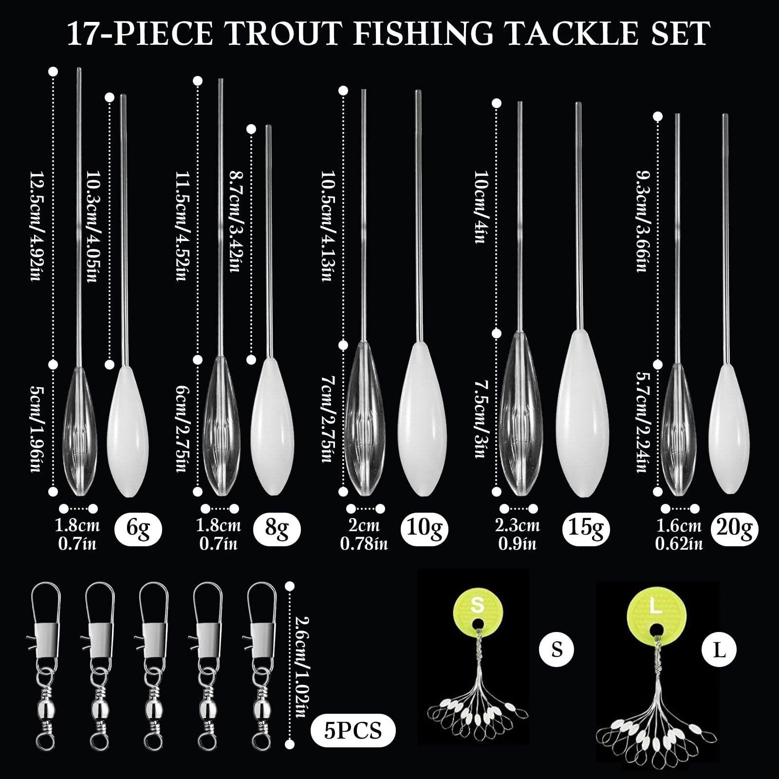 QingWing 25 Pièces Flotteurs de Pêche à la Truite, Bombarde Transparent Longues avec 5 Émerillons Triples et 10 Stoppeurs de Ligne en Deux Tailles, 6-20 g Flottants et Coulants, Accessoires de Pêche - 3