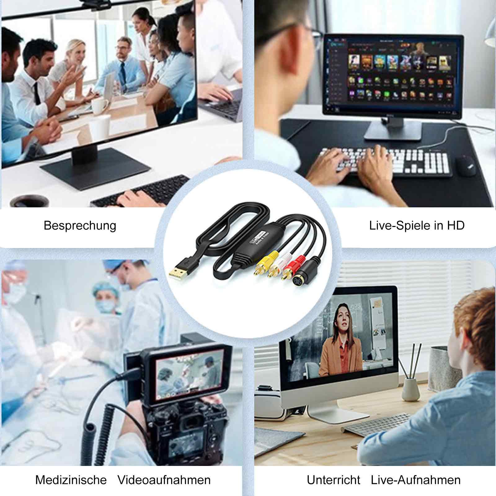 HOSPAOP Convertisseur VHS vers numérique USB 2.0 - Carte de capture vidéo 1080p pour numériser VHS, adaptateur AV et RCA, VCR DVD vers PC, compatible avec Windows et Mac OS