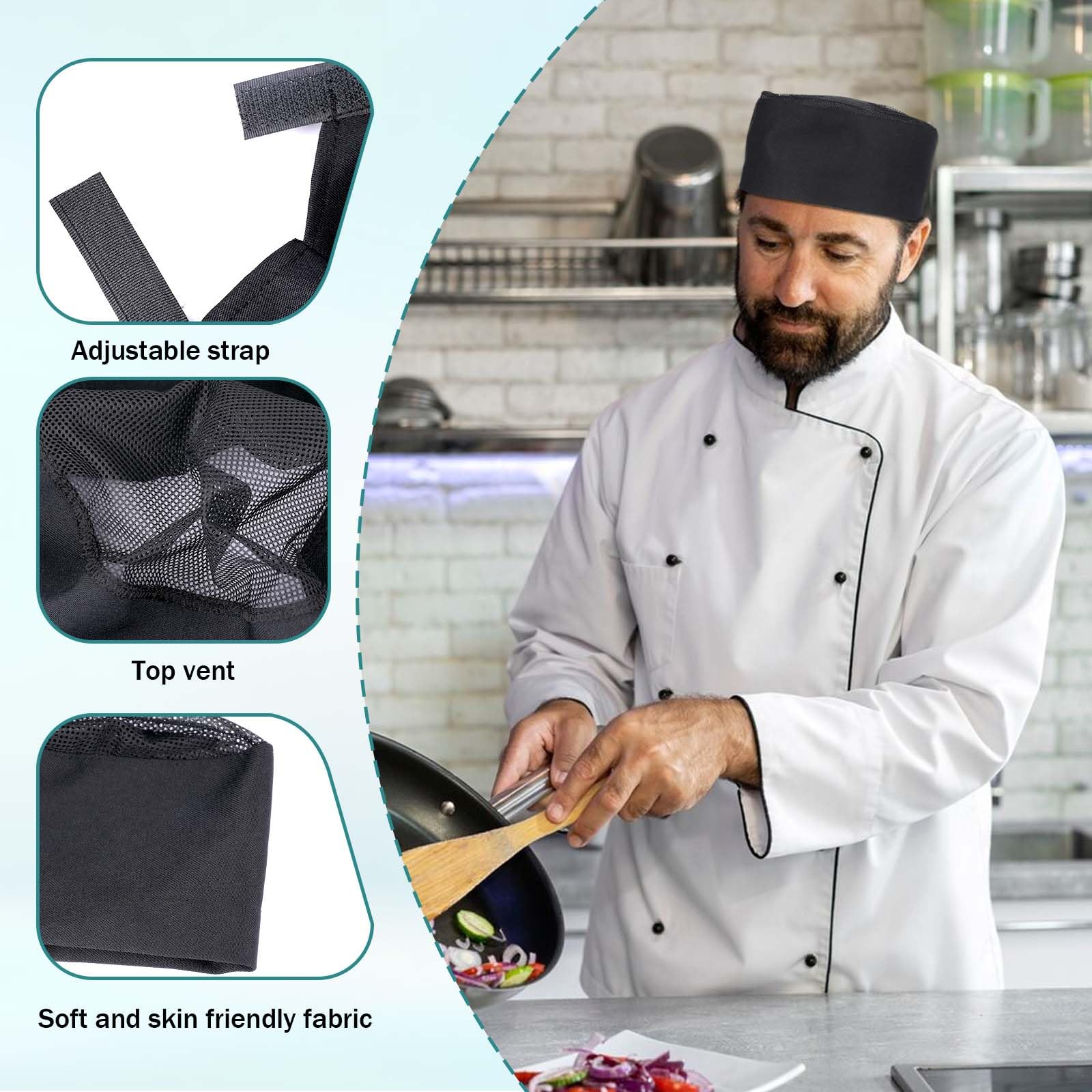 KALIONE Lot de 4 chapeaux de chef unisexes pour homme, bonnets à sushi à dessus plat pour adulte, bonnets de cuisine réglables avec dessus en maille respirante (noir), Noir