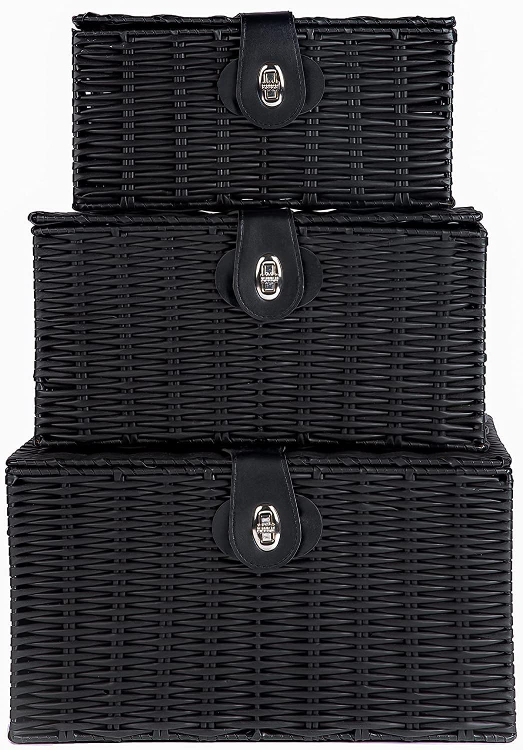 Mantraraj Black Woven Wicker Hamper Basket Set Storage Baskets Hamper Box With Lid Decorative Kitchen Bathroom Hamper Portable Basket With Handle Ideal For Home Office And Gifts Hamper Set Of (Black) Size 3