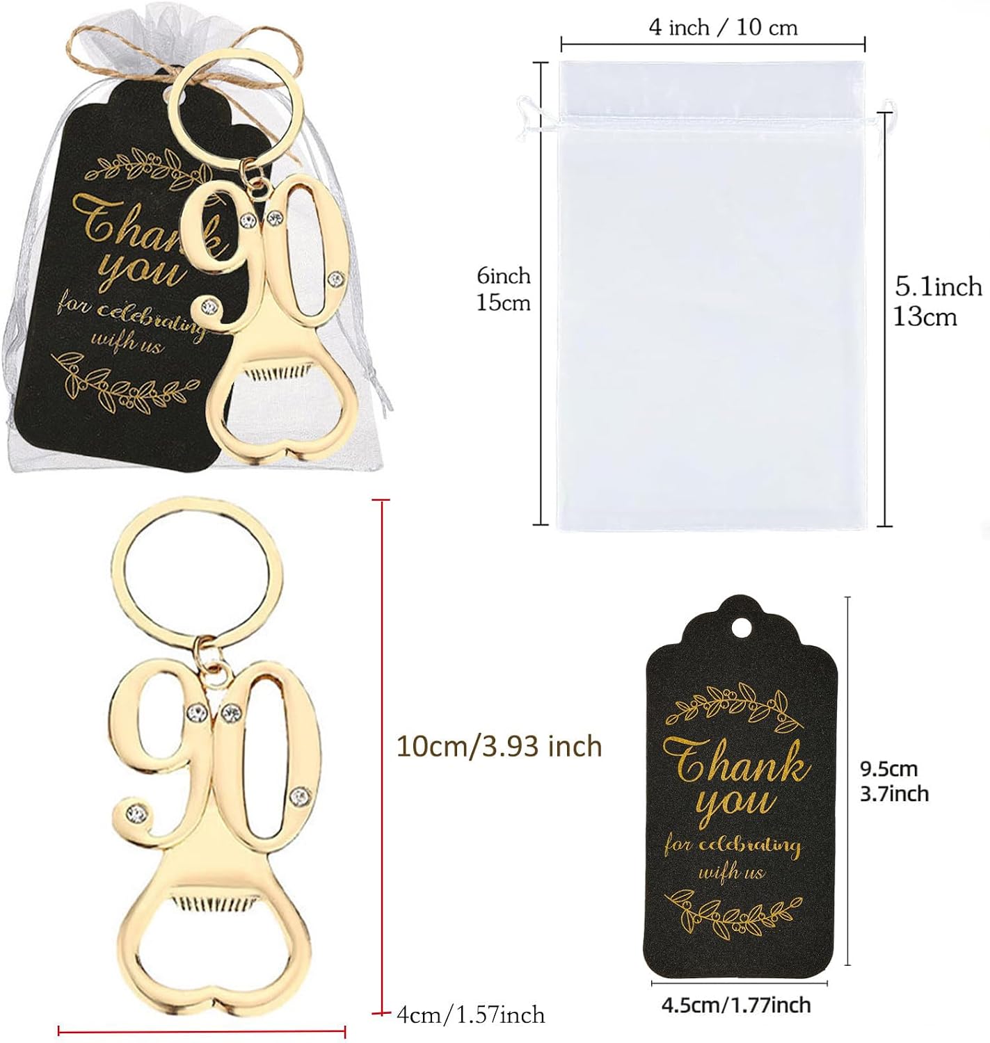 25 Pack 90th Birthday Party Favors Bottle Opener Keychain Bulk Gold 90 Souvenirs Gift Set with Organza Bags Tags for Guests Celebration (90th opener)