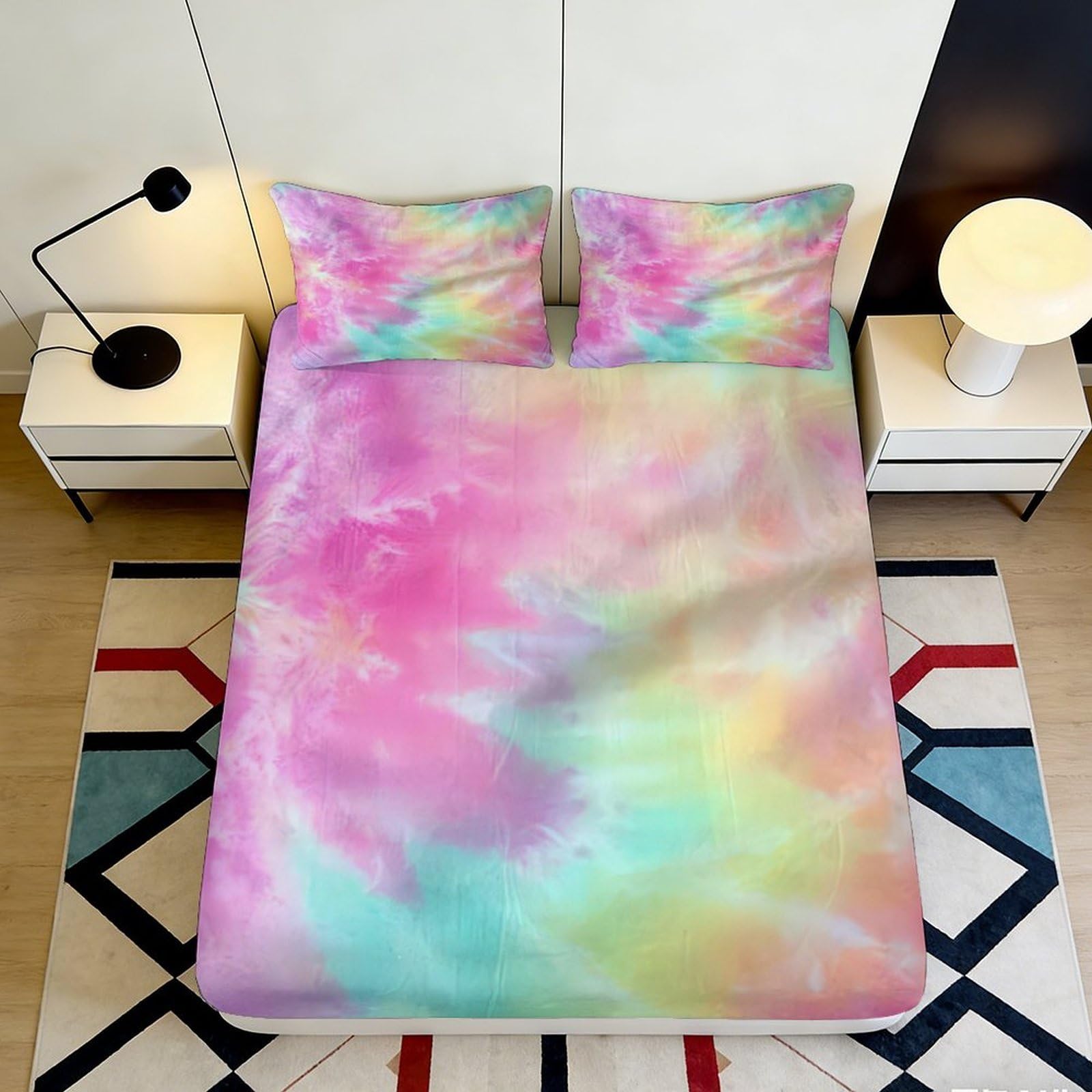 3D Printed Pastel Rainbow Fitted Sheet Microfiber Soft Watercolor Tie Dye Mattress Cover for Bedroom Dorm Decor 90x200x25cm