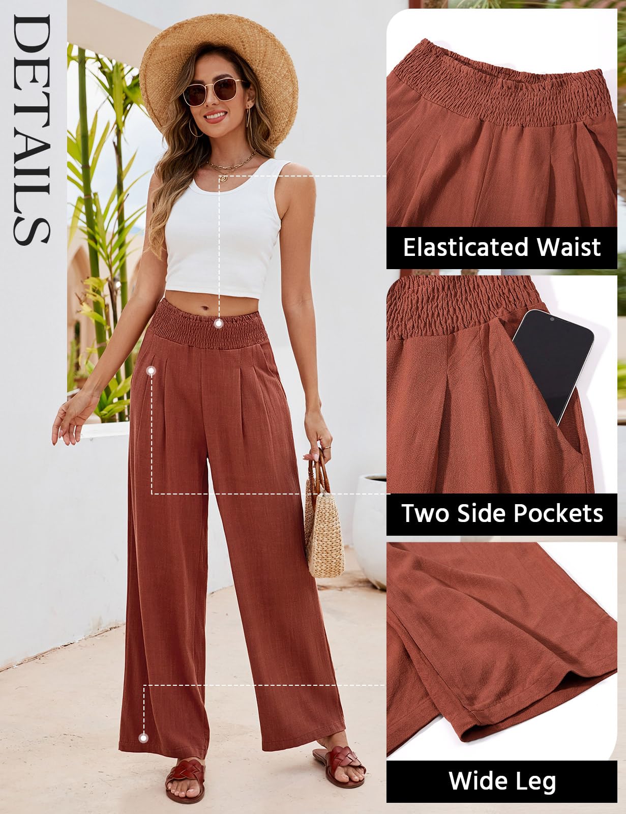 Pantalon Femme Été Lin Pantalons Taille Haute Elastique Ample Pantacourt Coton Grande Longueur Palazzo Pants Jambe Large Fluide Droit Décontractée avec Poches