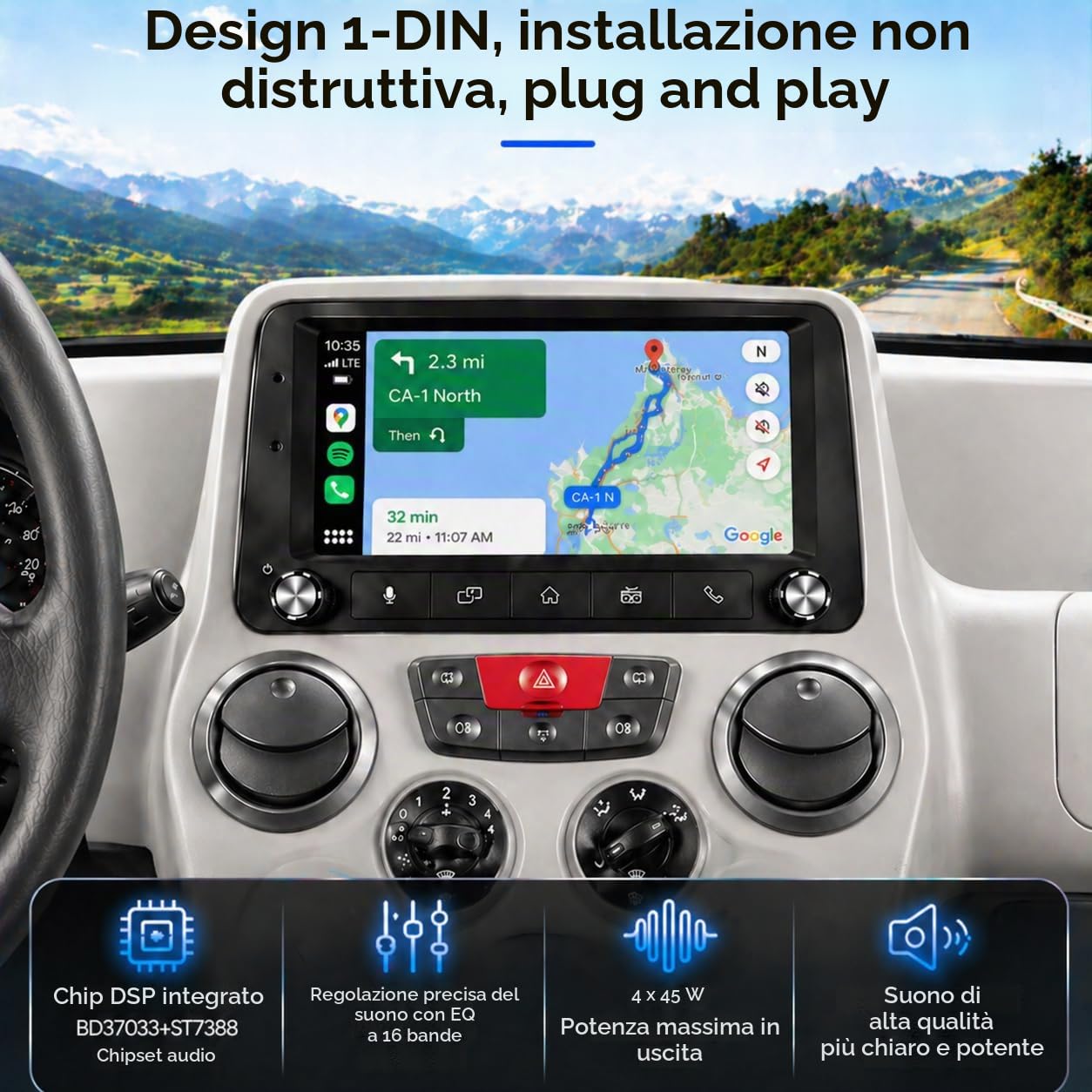 FIAT Panda 2003-2012 Autoradio 1 DIN CarPlay wireless Android Auto DSP RDS | Sistema Linux,avvio rapido 2s,Plug&Play,Bluetooth,CANBUS,comandi volante originali,schermo supporto telecamera posteriore