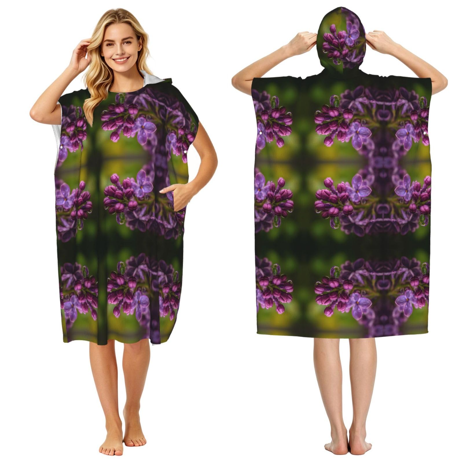 EZDLOWVBA Rain-Wet Lilac Print Hooded Poncho Microfiber Beach Towel,Adult Women & Men Changing Robe,Lightweight Summer Surf Swim Bath Poncho Towel