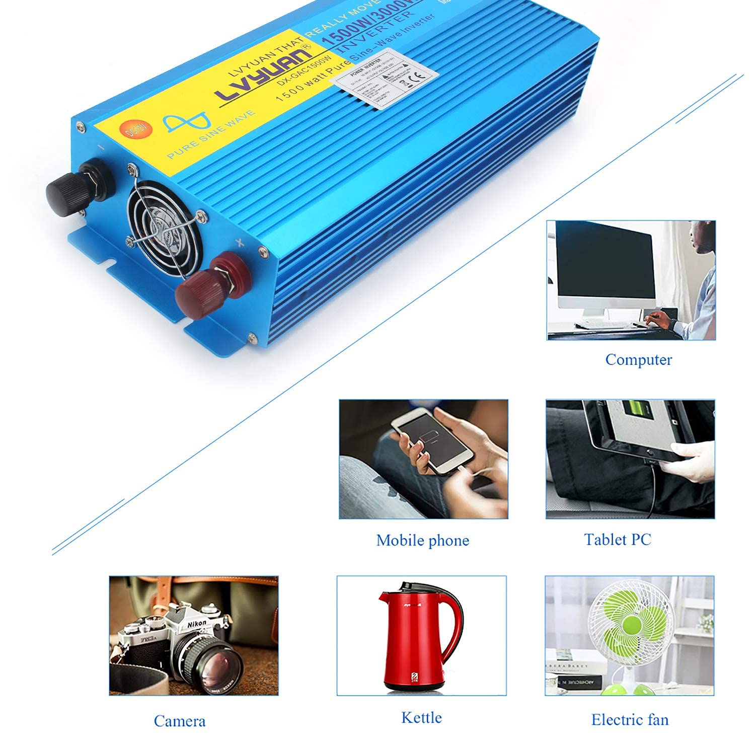 Yinleader Inversor Onda Sinusoidal Pura 1500W Transformador De 12v A 230v 3000W, Inversor De Corriente con 1 Toma Enchufe Y LCD para Coche Caravana Barco cámping de Viaje