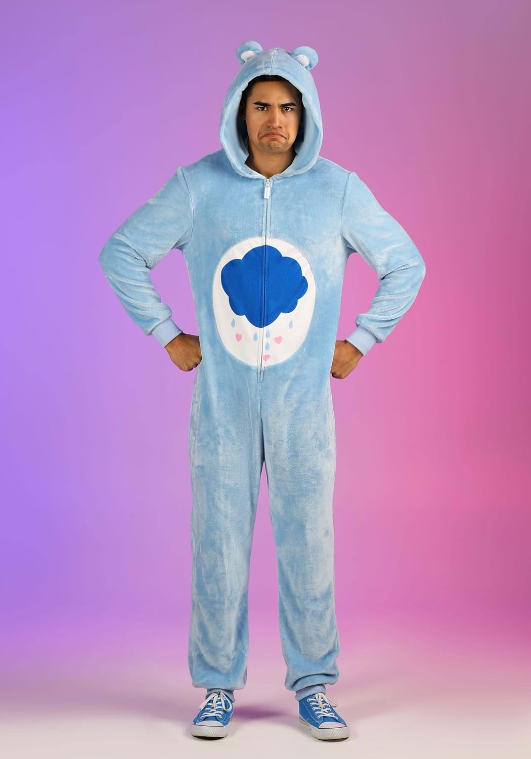Care Bear Grumpy Bear Hooded Jumpsuit Costume for Adults with Makeup Kit Bundle Option