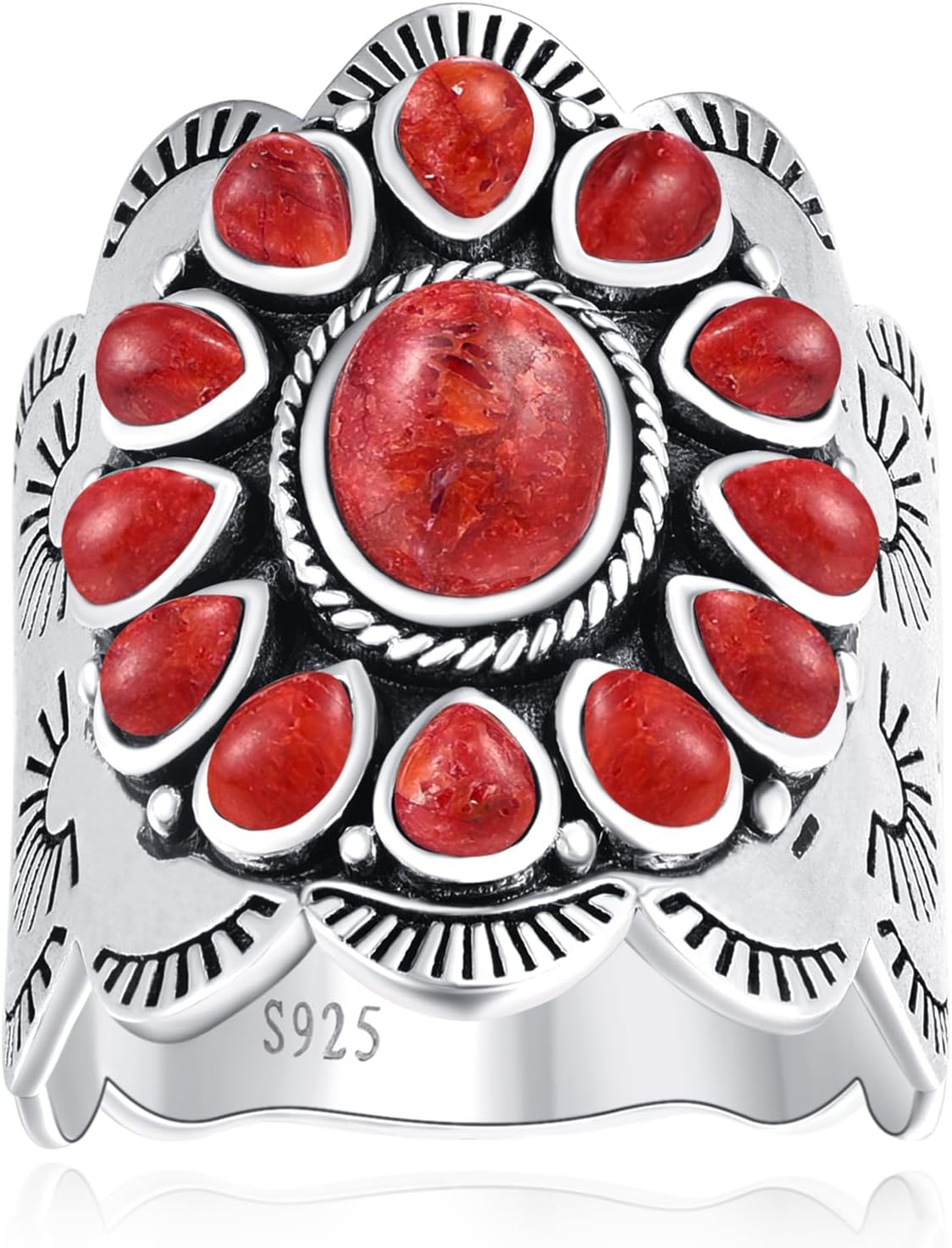 Turquoise Rings for Women, 925 Sterling Silver Vintage Statement Ring with Coral Spiny Oyster, Multi Color Boho Band, Size 6-10