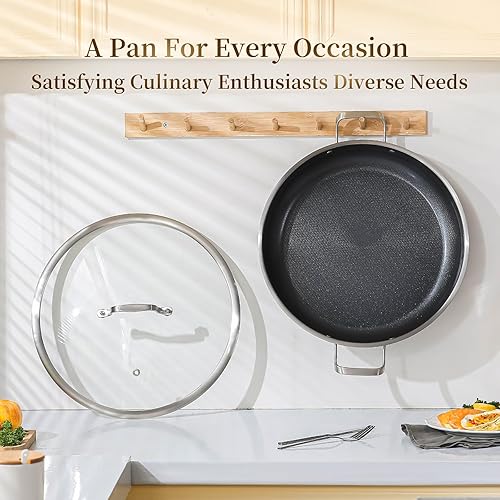 Vista 19 de DELARLO Sartén con tapa, sartén de acero inoxidable de tres capas, sartén antiadherente de 12 pulgadas, sartenes y sartenes, sartén antiadherente