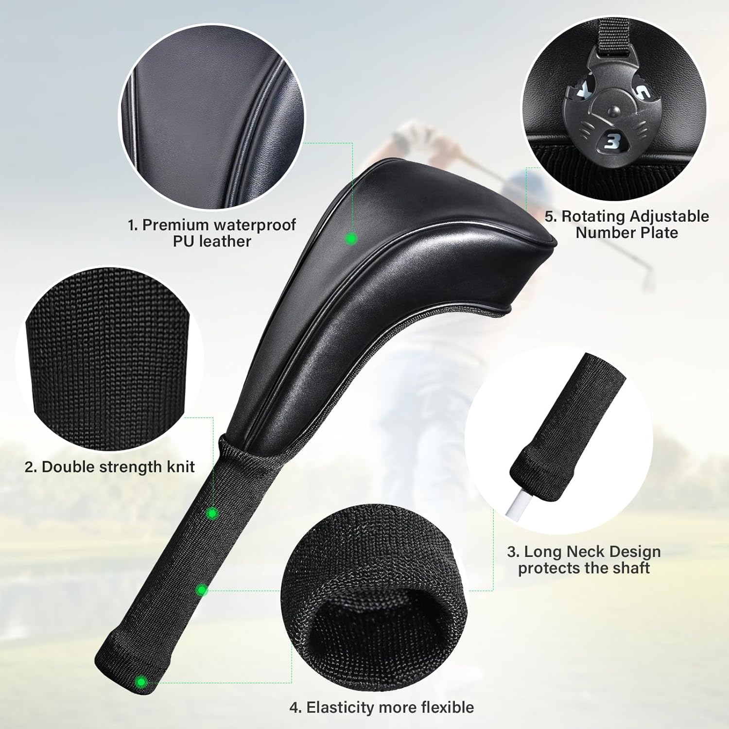Golf Club Covers - 3pcs Golf Club Head Covers for Woods and Driver Fairway, Premium PU Leather Golf Club Headcovers for Men and Women with Interchangeable No. Tags