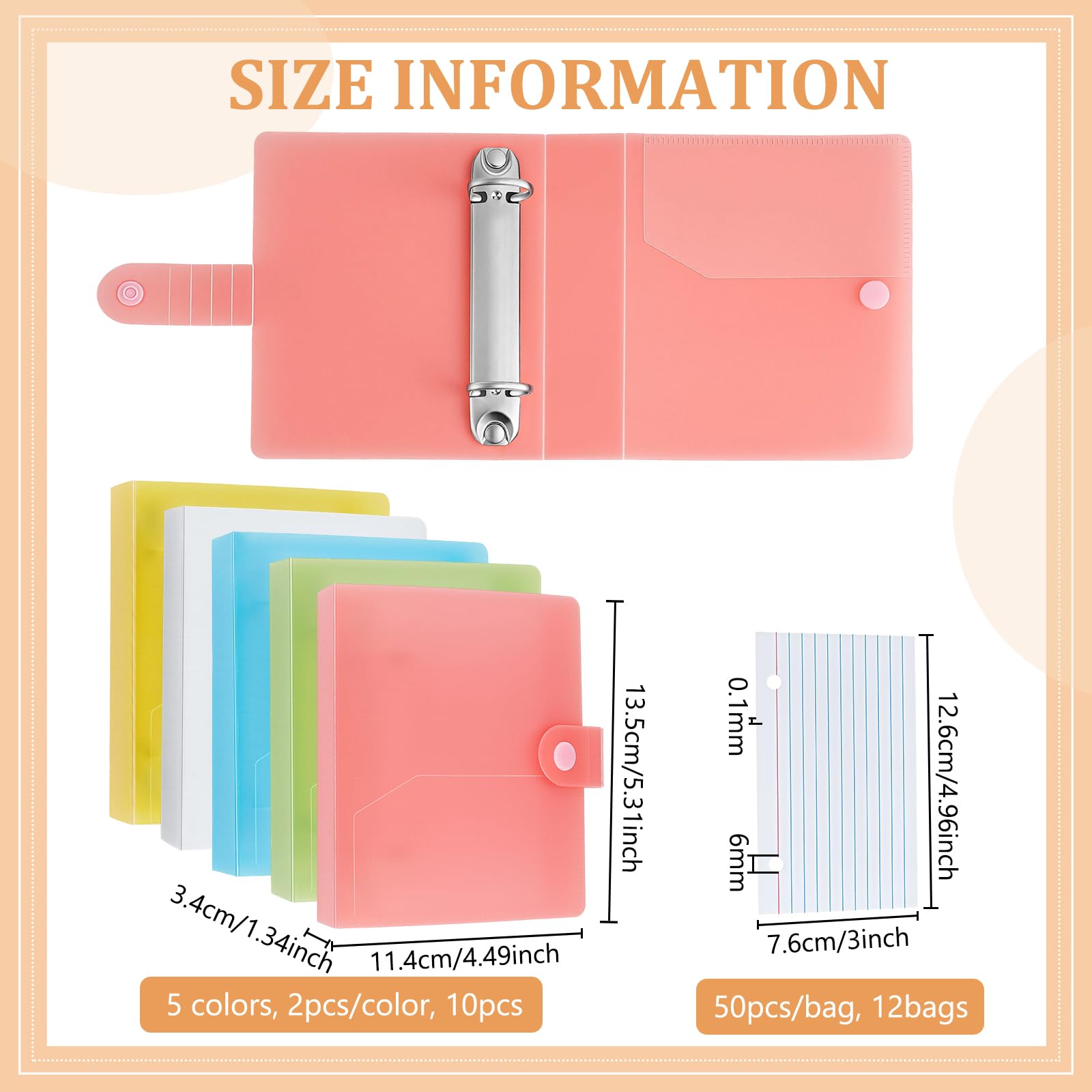 Lot de 12 classeurs de cartes d'index avec intercalaires, 6 couleurs, couverture en plastique avec cartes d'index lignées, dossier organisé pour l'école, la salle de classe, le bureau, le
