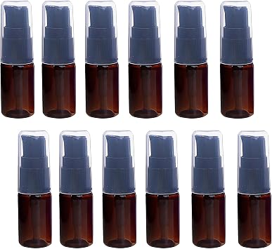 Happyupcity 12PCS 10ML 0.3OZ Brown Empty Plastic Lotion Pump Bottle with Transparent Cap Sample Jar Refillable Portable Cosmetic Container Shampoo Emulsion Holder for Vacation Travel Daily