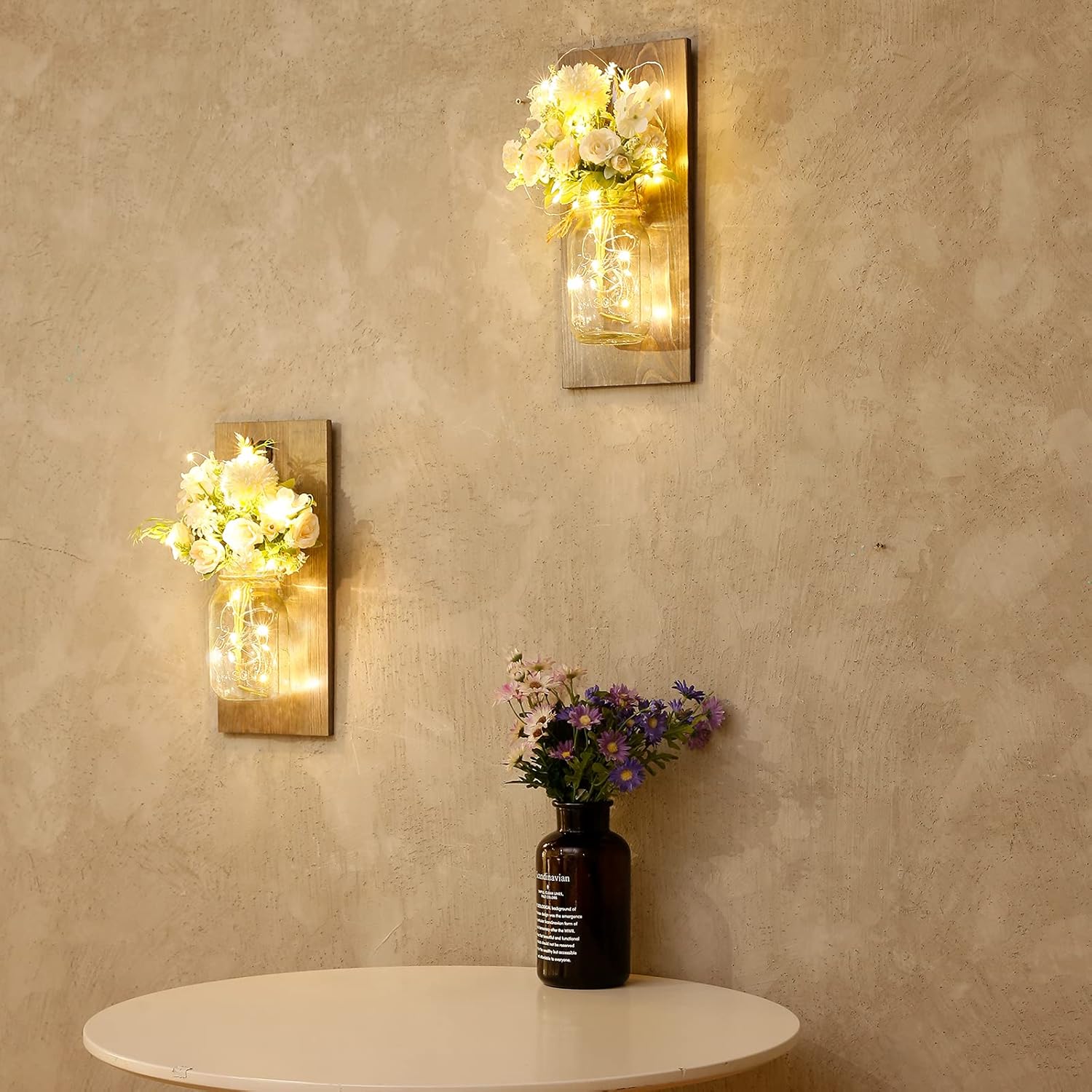 Wall Decor Mason Jar Sconces - Home Decor Wall Art Hanging Design with Remote Control LED Fairy Lights and Yellow Rose, Farmhouse Wall Decorations for Bedroom Living Room Lights Set of Two : Home & Kitchen
