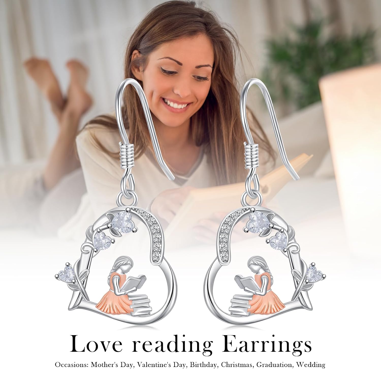 Teacher/Book Lovers Necklace Earrings 925 Sterling Silver for Women Pendant Jewelry Gift for Librarian Readers Teacher
