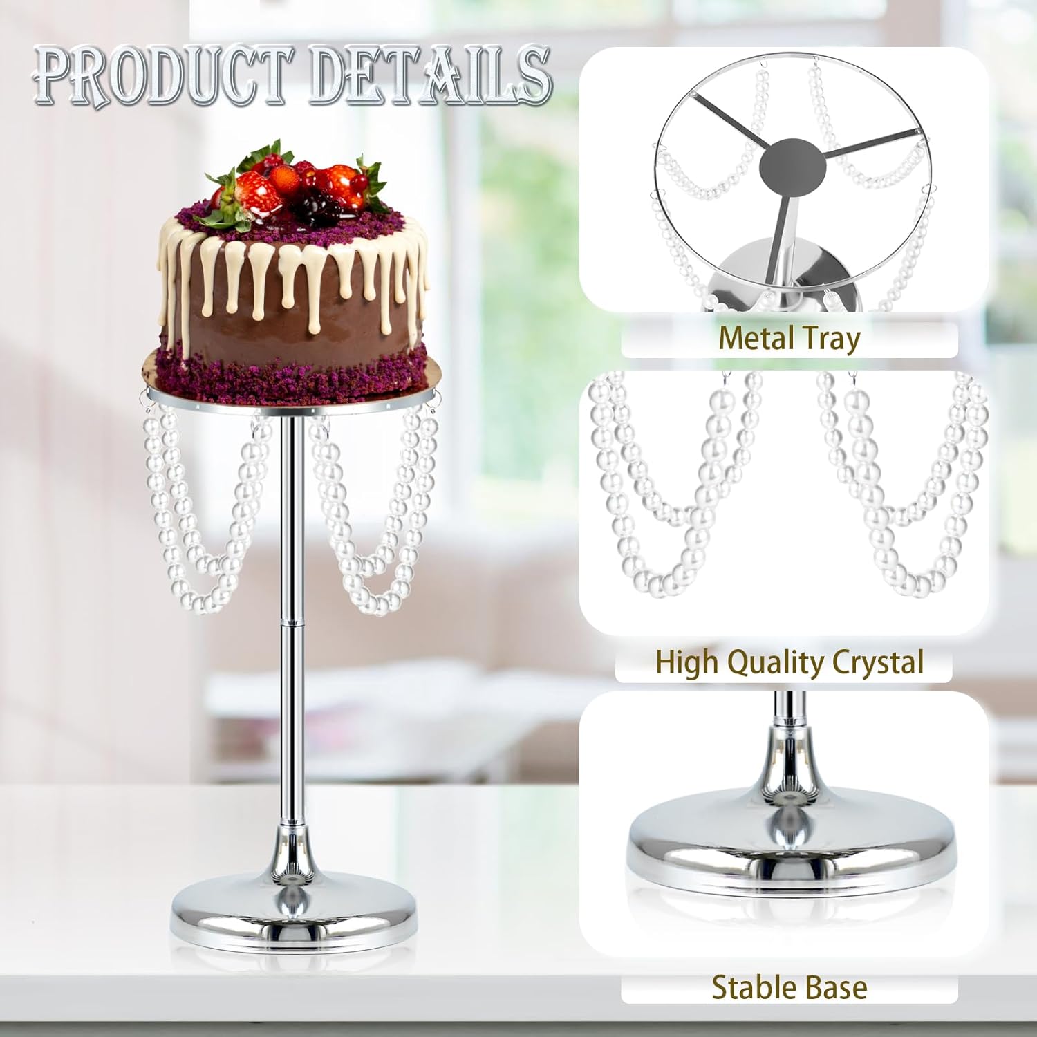 Round Pearl Cake Stand, Dessert Table Metal Cake Display Stand Set with Pearl Pendant Wedding Birthday Cake Base Stand for Wedding Anniversary Birthday Party Celebration (Silver-Set of 6)