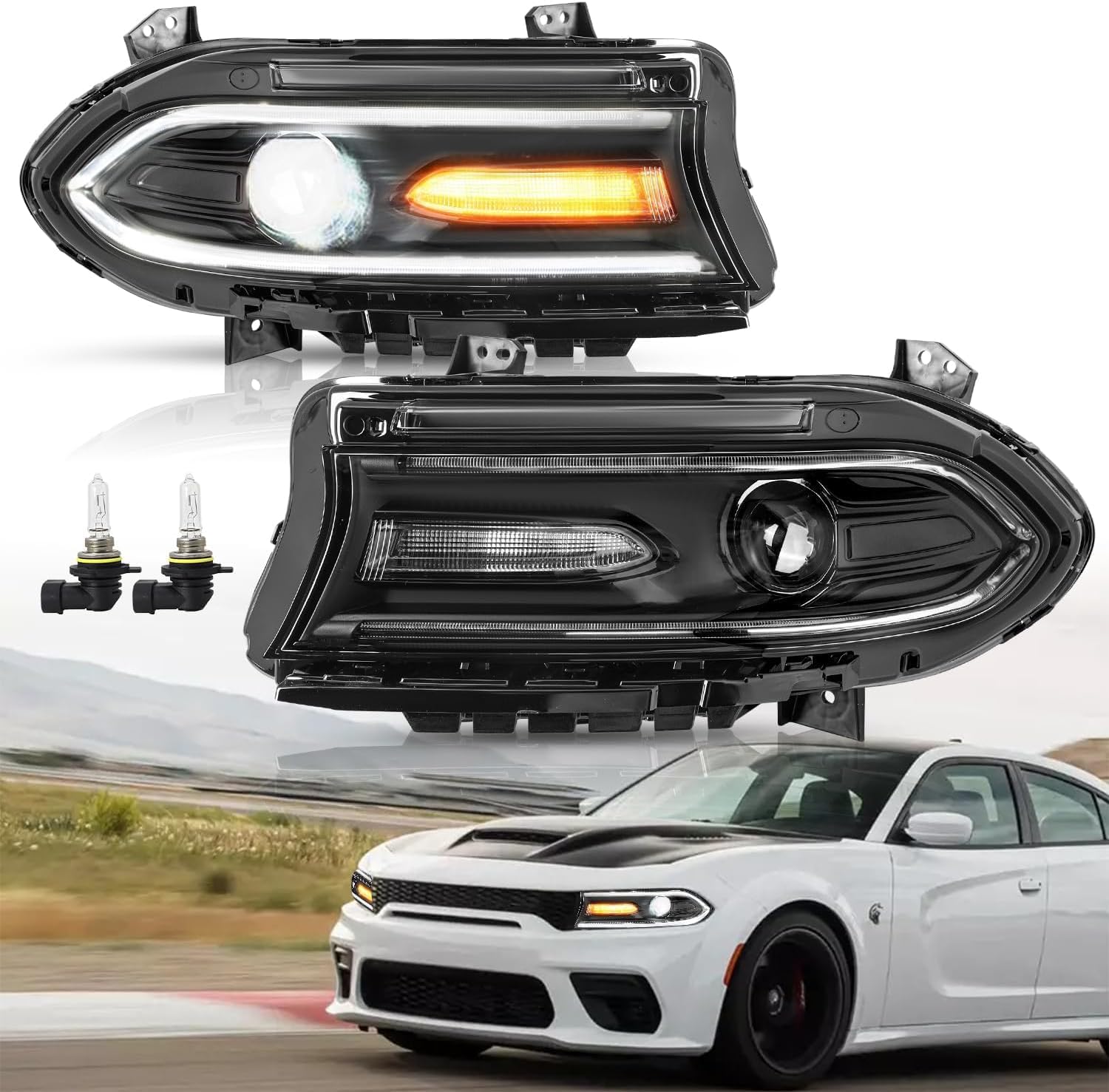 Halogen Headlight Assembly Fits for 2015 2016 2017 2018 2019 2020 2021 2022 Dodge Charger Headlamp w/Bulbs （One Pair LH&RH）