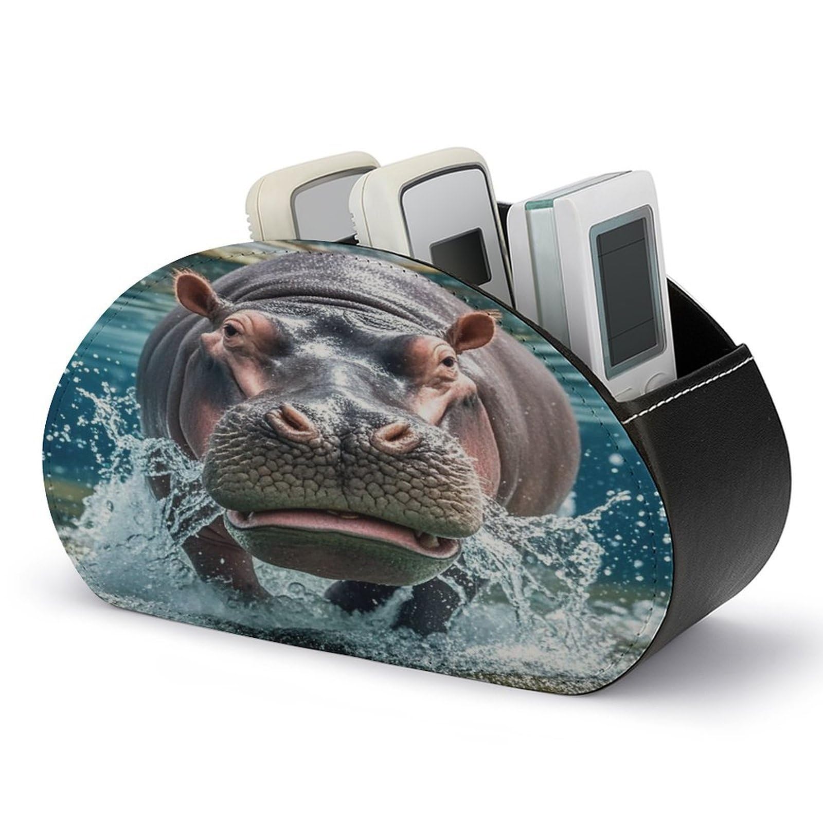 FekiLoot Leather TV Remote Control Holder with 5 Compartments Multifunctional TV Remote Holder Bedside Table Remote Caddy Storage Box Diving Hippo Remote Organizer for Home Office