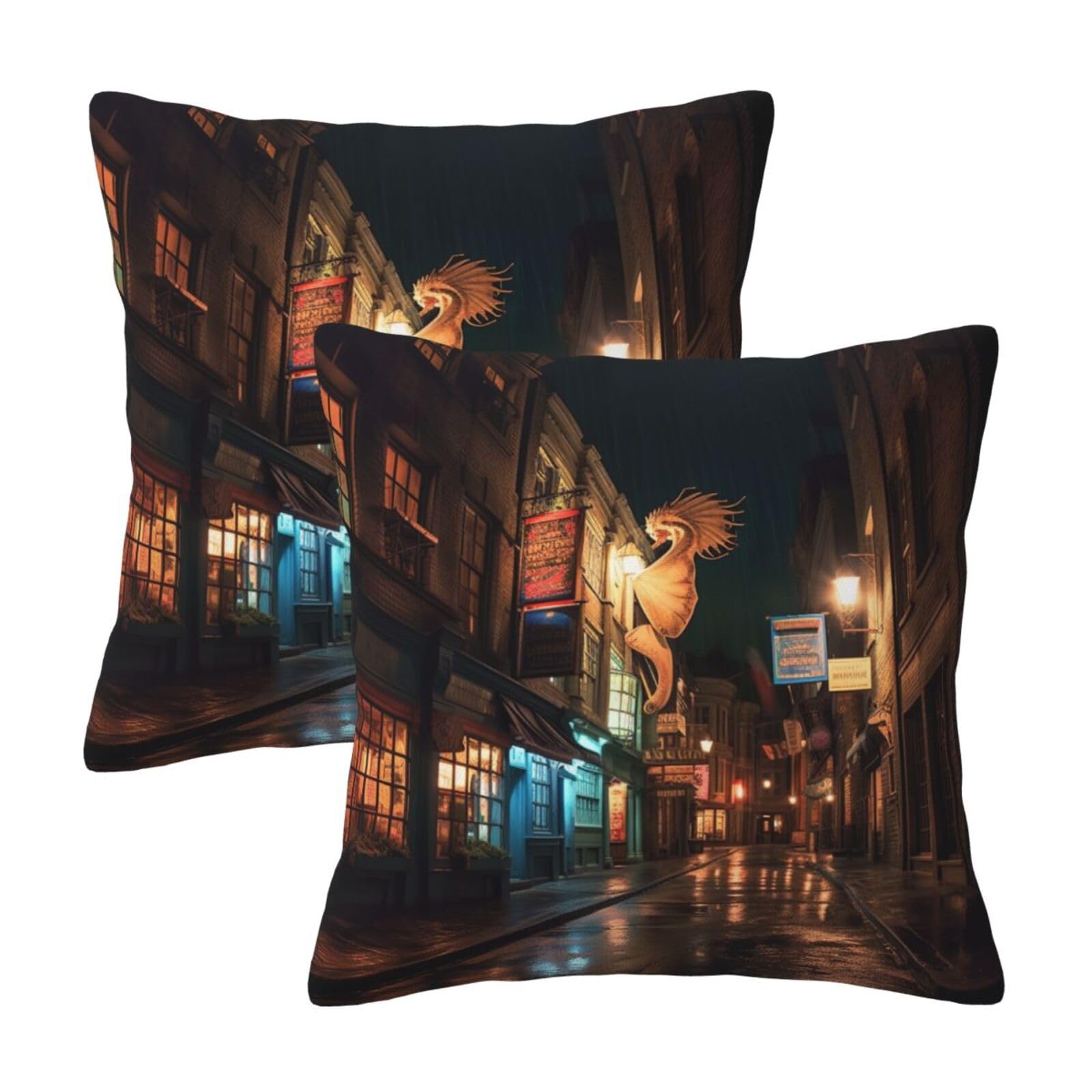 Street Night Scenery Throw Pillow Cases 2 Pack Square Pillowcases Soft Pillow Protectors for Couch Livingroom Sofa Bed Office Car,30x30 CM