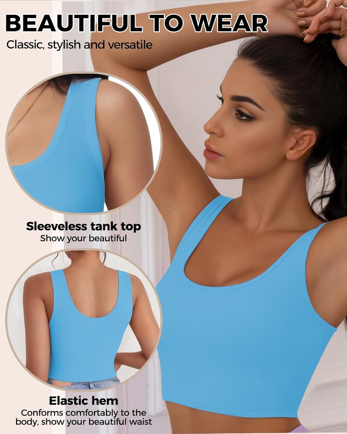 2Pcs Tank Tops for Women, U Neck Sleeveless Crop Tops, Basic Cropped Racerback Going Out Tops Athletic Sports Shirts, 2XL, White+Blue - Image 4