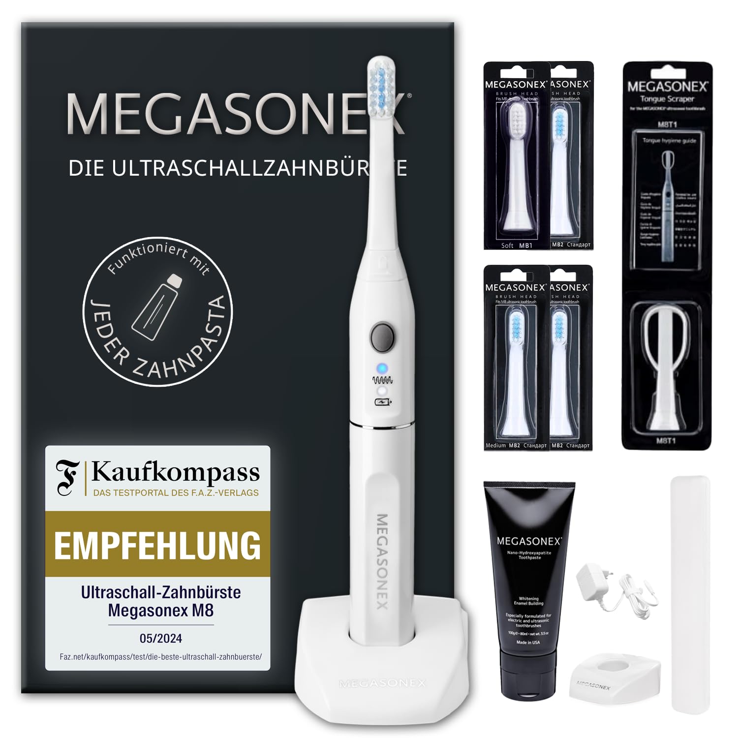 MEGASONEX Juego de cepillos de dientes ultrasónicos M8, incluye pasta de dientes, accesorio para la lengua y 2 cabezales de cepillo de dientes medianos