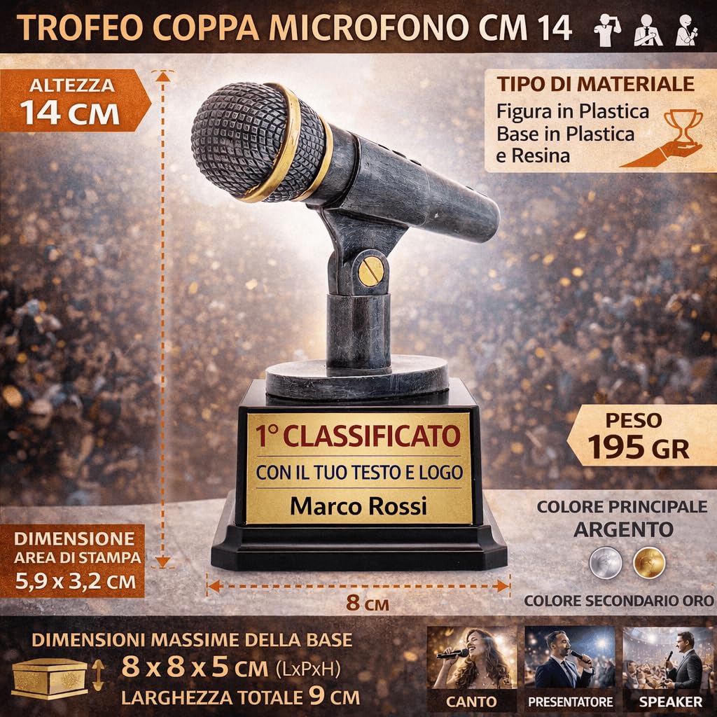 D&Vlab Trofeo Microfono 14 cm Argento con Targhetta Personalizzabile – Premio Canto Karaoke Speaker Presentatore Eventi Musicali