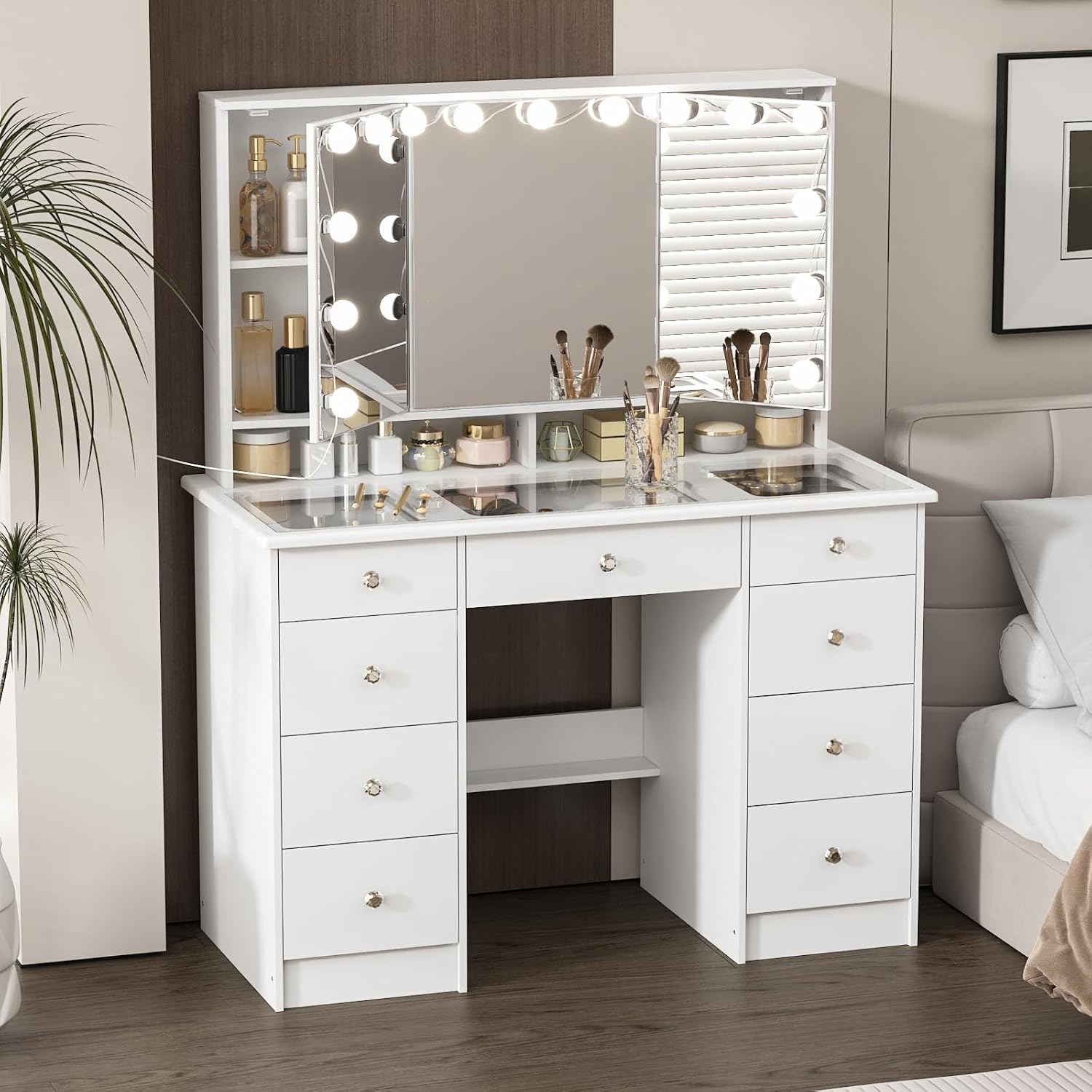 FUFU&GAGA Vanity Desk with Mirror and Bulb Lights, Large Glass Top Makeup Vanity, Modern Dressing Table with 9 Drawers & Shelves for Bedroom, White, 43.3”W x 19.7”D x 53.6”H