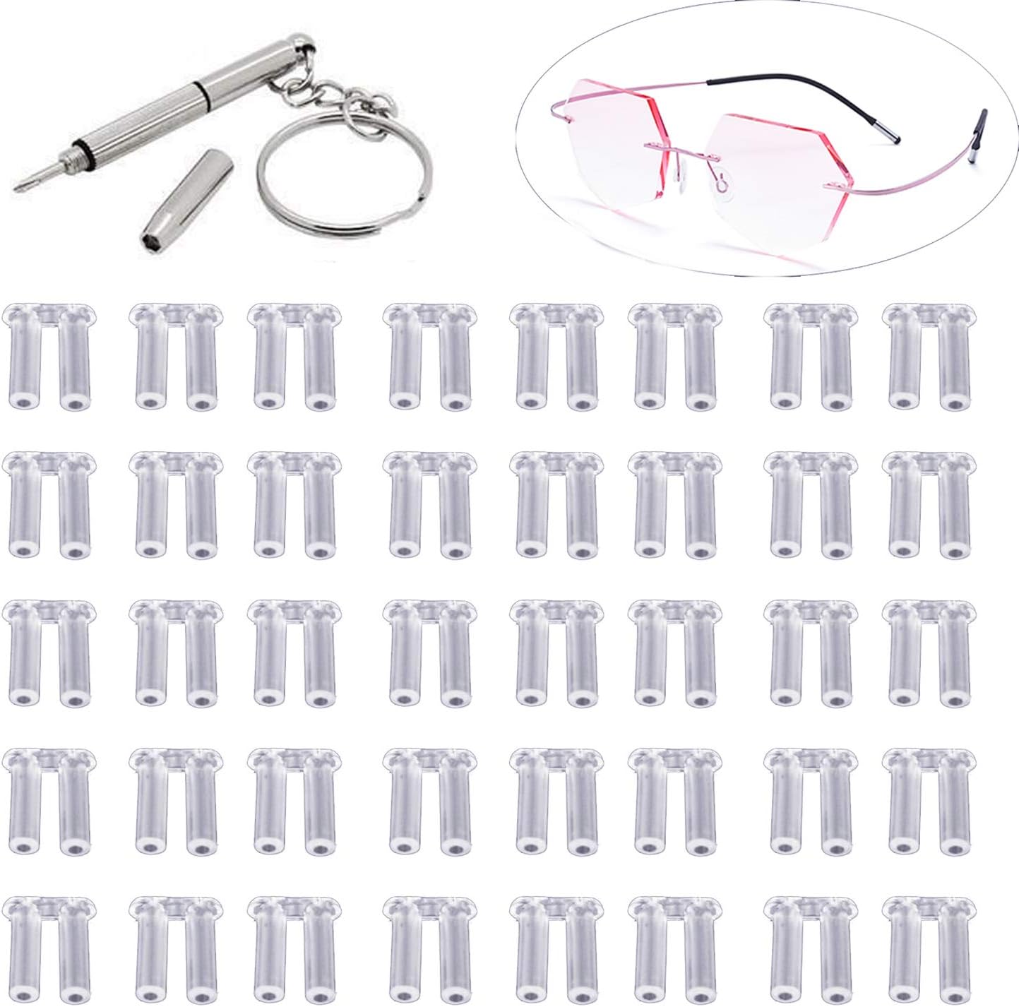 YouU 1.4/1.5/1.6mm Each 50 Pieces Clear Plastic Compression Sleeves for Rimless Glasses Fixing Accessories Tools with Multifunctional Glasses Screwdriver（Total：151 Pcs）