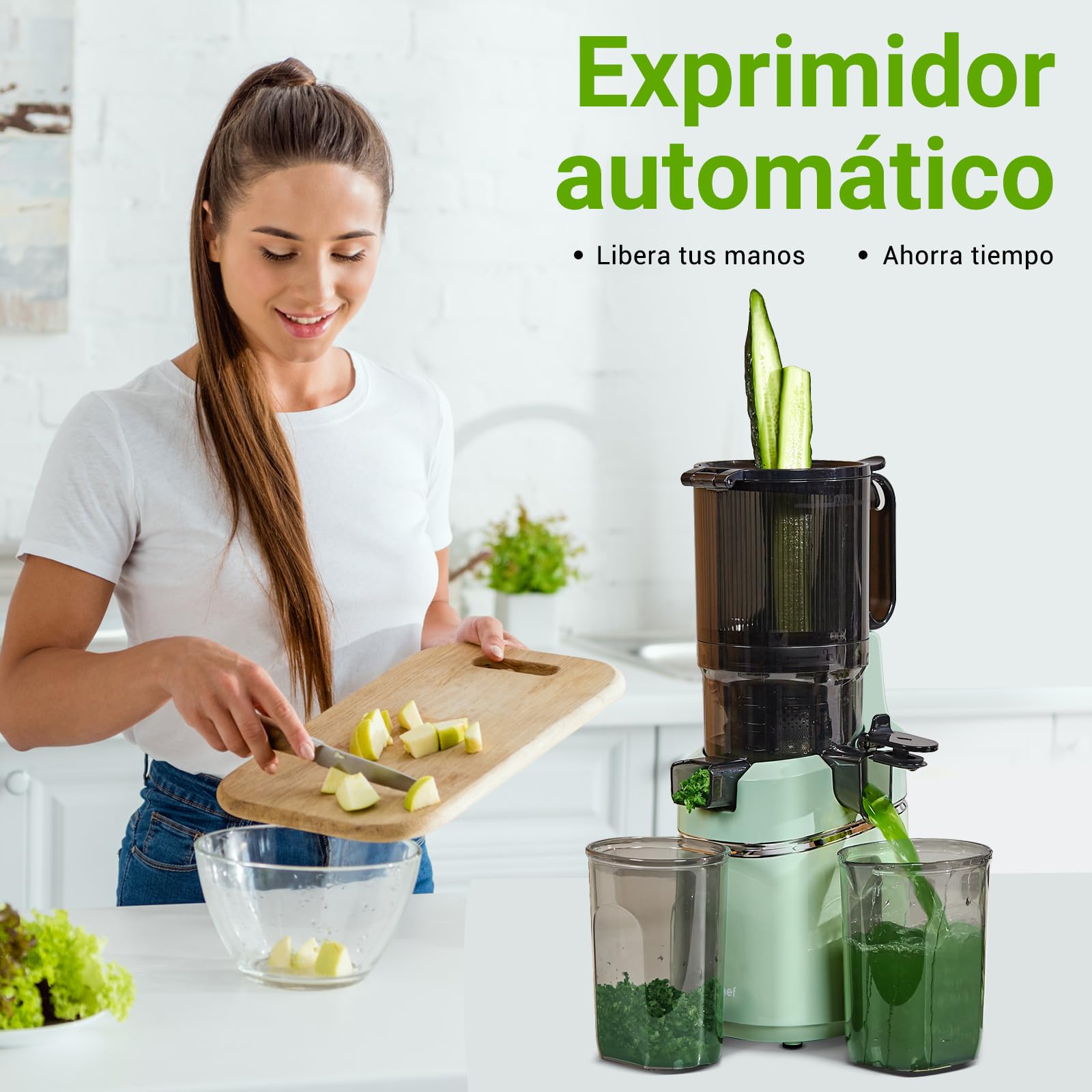 AMZCHEF Extractor de Zumos y Verduras Automático, 135MM Apertura y 1.8L Capacidad Licuadora para Verduras y Frutas Entera, 250W Licuadora Prensado en Frio Lento con Triple Filtro - Verde
