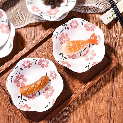 Miniatura 7 de Juego de 6 platos japoneses de cerámica para salsa de soja para aperitivos de sushi y condimentos con flores de cerezo blanco (HY)