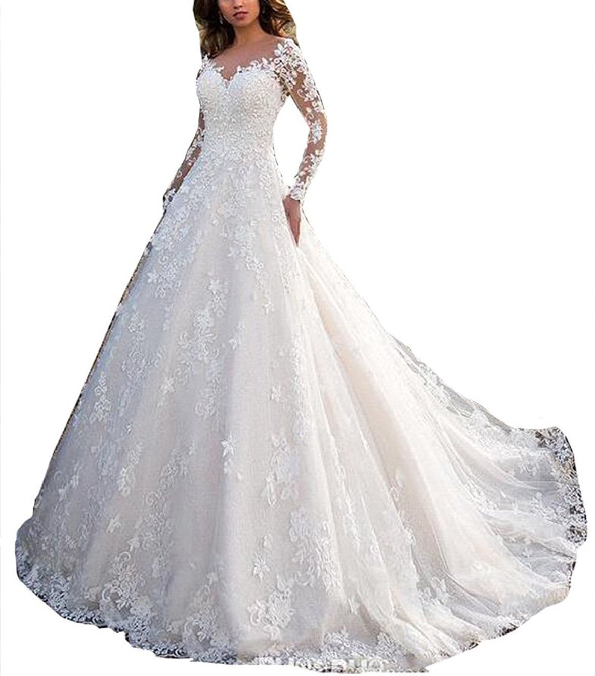Nanger Donna A Linea Principessa Pizzo Abiti da Sposa Manica Lunga Abiti da Sposa 2018, avorio