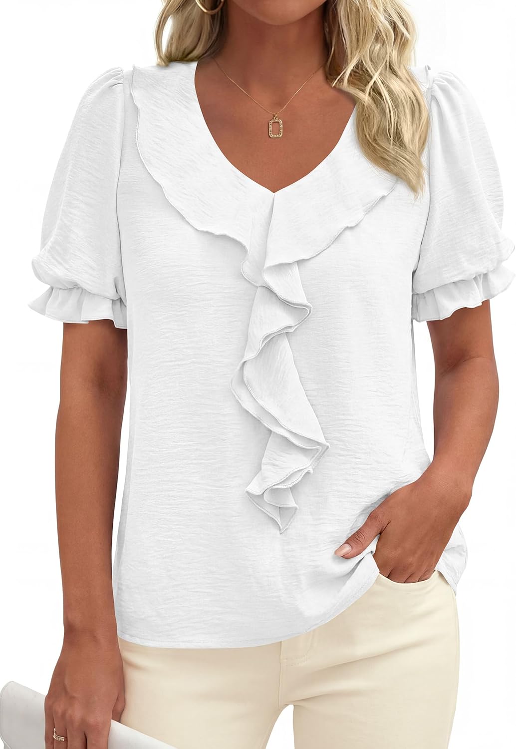 PRETTYGARDEN Women's Summer Dressy Casual Blouses 2026 Short Sleeve V Neck Ruffle Business Work Tops Trendy Spring Outfits - Image 6