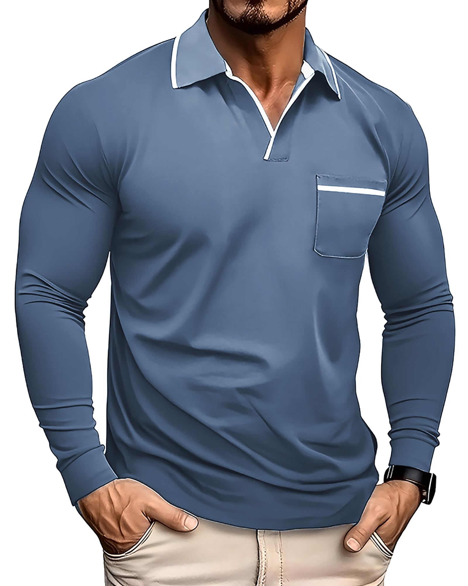 PRIVIMIX Poloshirts Herren Kurzarm/Langarm mit Brusttasche - V-Ausschnitt Einfaches T-Shirt für Alltag & Sport, M-3XL