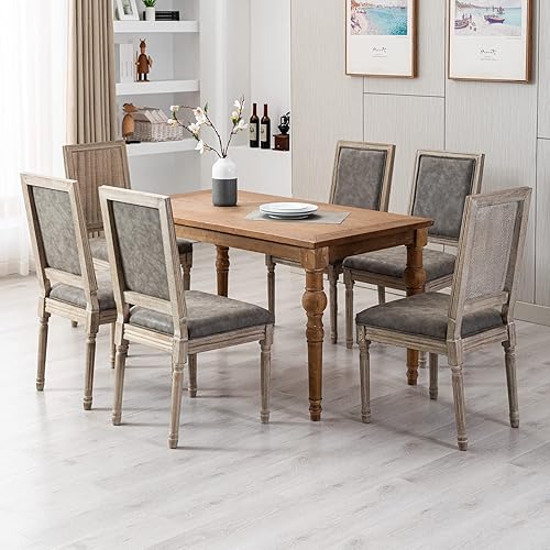 Miniatura 9 de Juego de 2 sillas de comedor de cuero estilo rústico francés para cocina y comedor con respaldo redondo de poliuretano, sillas de cocina tapizadas