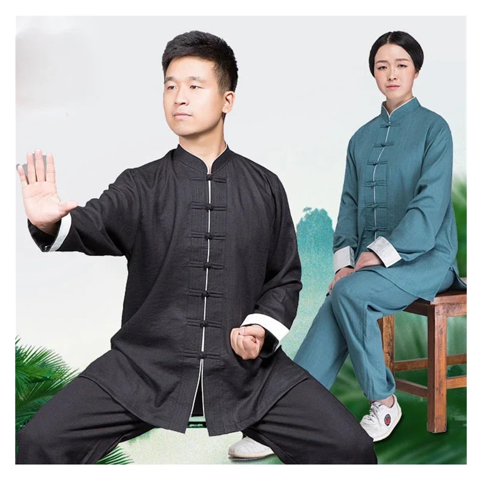 Kung Fu Anzug Leinen Wing Chun Tang Anzüge Kampfkunst Kungfu Uniformen Traditionelle Kleidung Tai Chi Kleidung(Black,L)