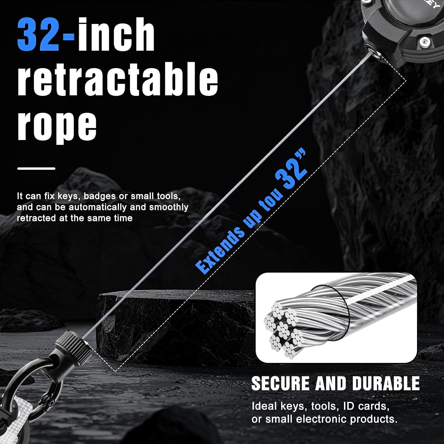 Retractable Keychain Heavy Duty Carabiner Badge Holder, Tactical ID Badge Reel with 30.5” Steel Retractable Cord, 8.0 OZ with Compass, Badge Strap and Key Ring (2 Pack) - Image 2