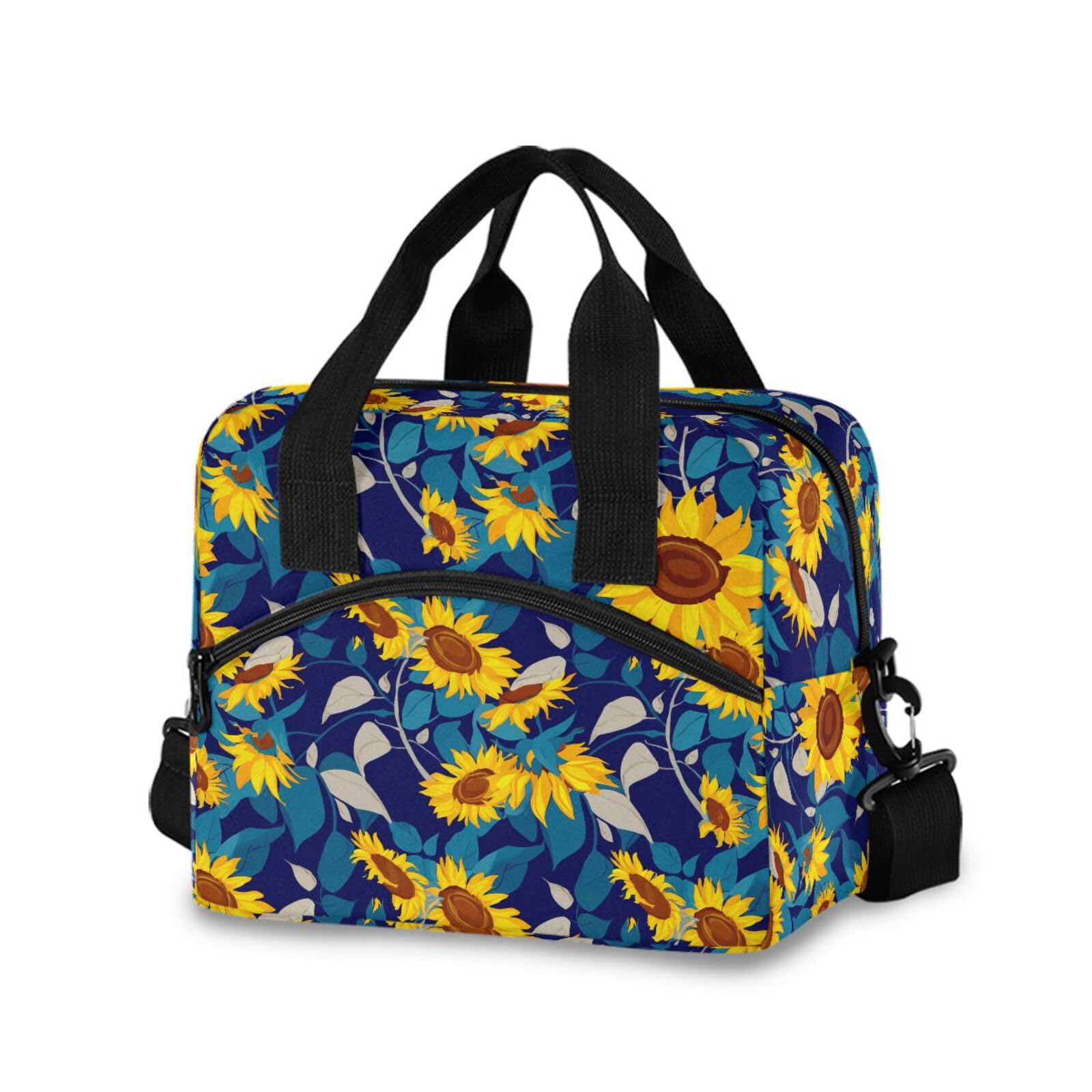 Insulated Lunch Bag Reusable Cooler Sunflower Floral Blue Lunch Box Adjustable Shoulder Strap for Adults Men Women