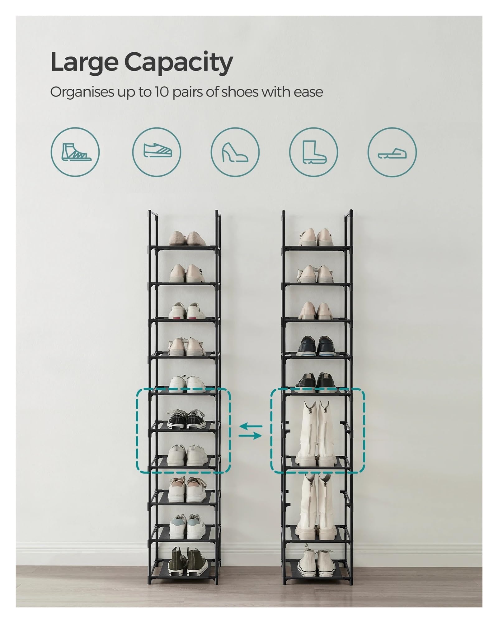 10-Tier Shoe Rack Stand 33x173cm Space Saving Metal