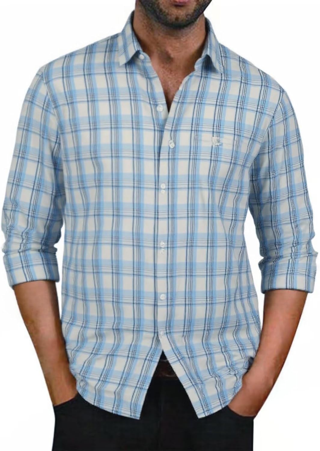BAYAMO Men’s Button-Down Plaid Shirts Casual Long Sleeve Cotton Linen Shirts for Men Fashion Business Shirt