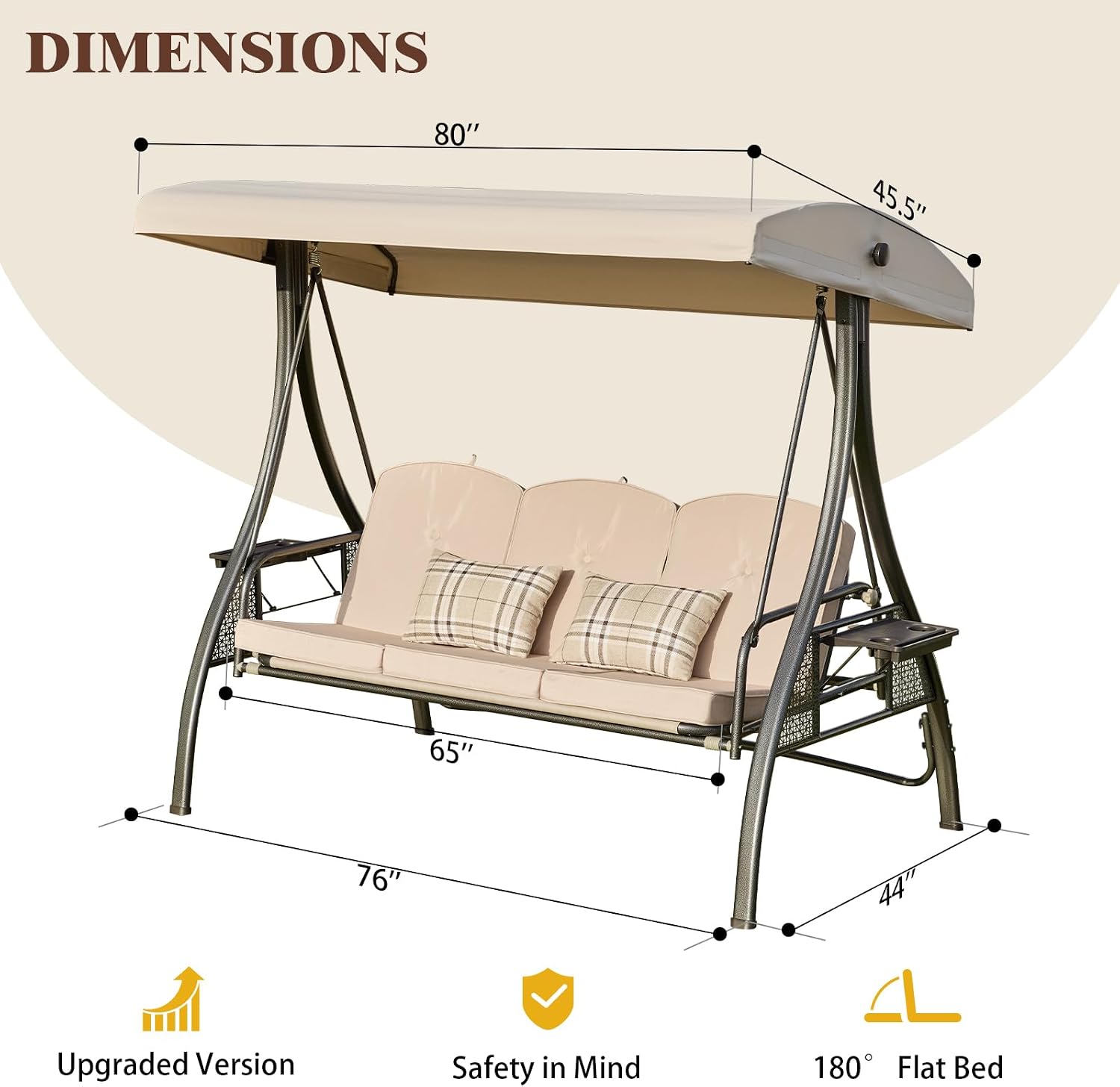 Upgraded 3 Seat Porch Swing with Canopy, 180° Recline 3 in 1 Heavy Duty Outdoor Patio Swing with Stand, Waterproof Cushions & Cup Holders(Square Tube, Khaki)